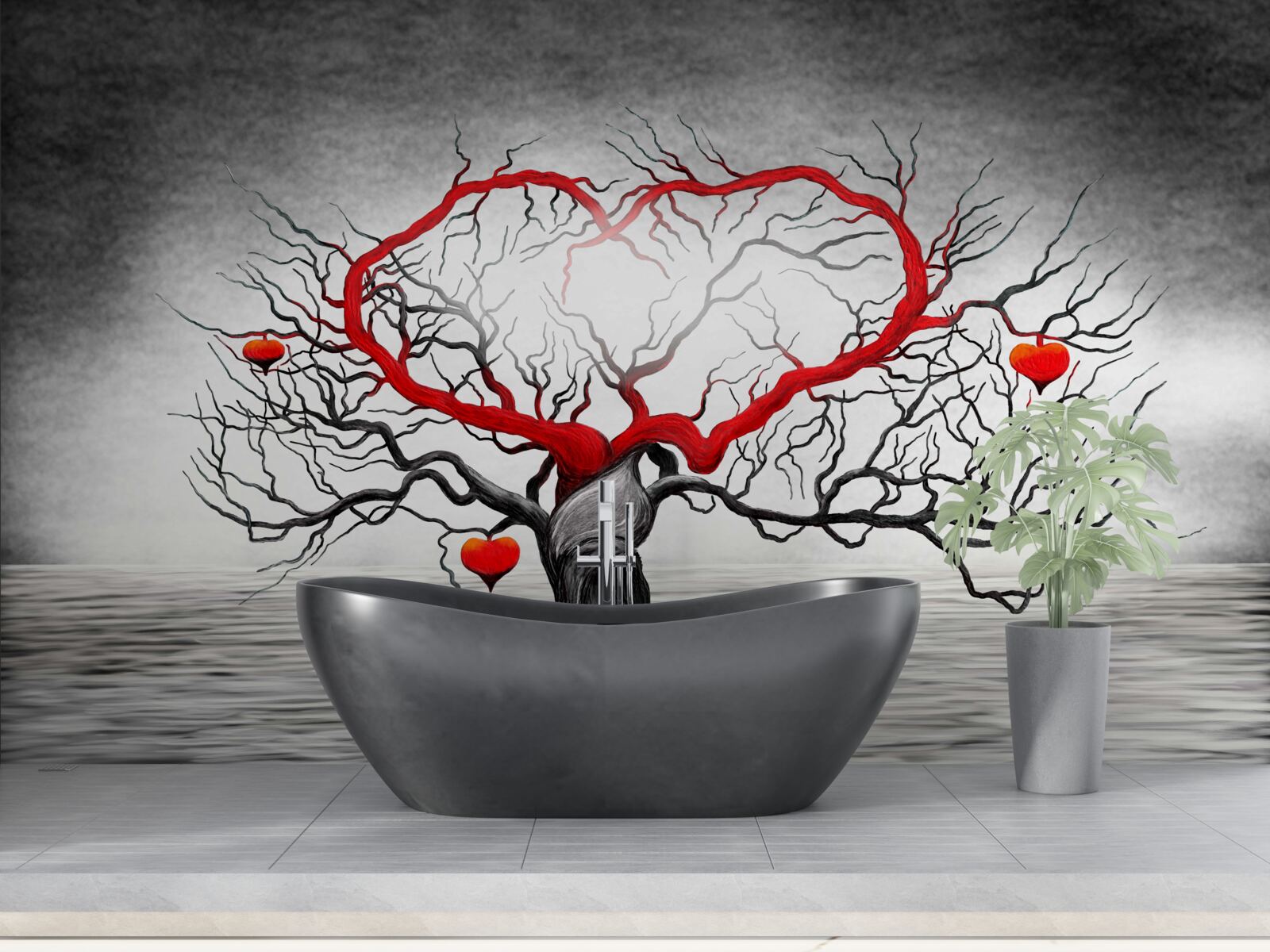 Fotobehang groot rood hart en ebbenhout