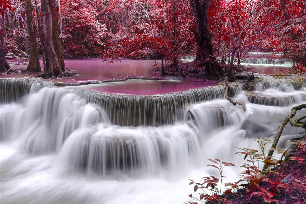 Fotobehang herfstwaterval in het bos in rode kleuren