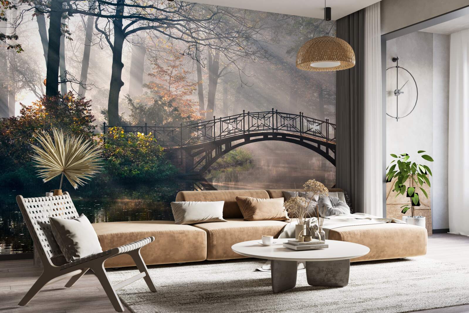 Fotobehang de mistige bosbrug over het meer is gemaakt van hout