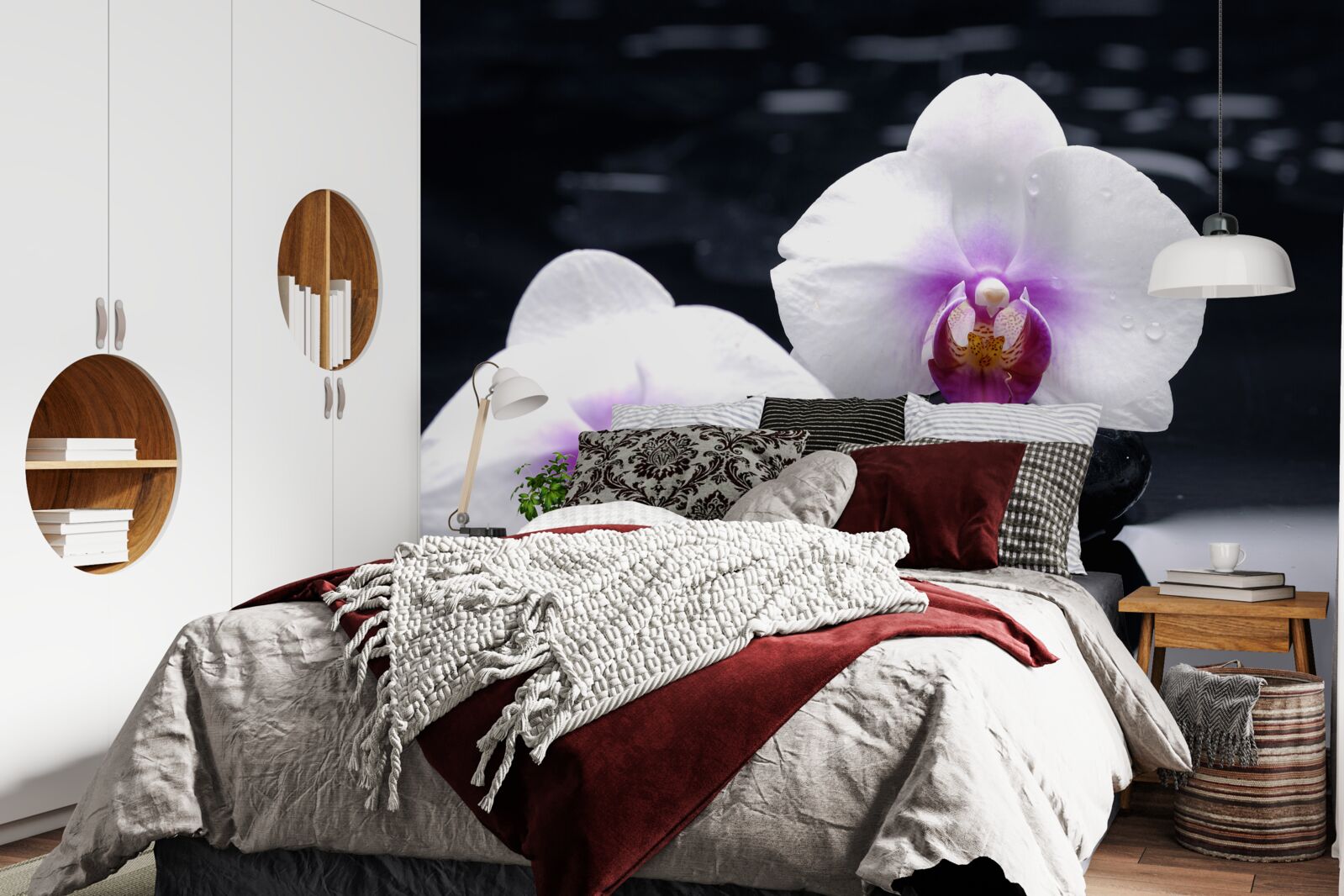 Fotobehang Sneeuwwitte orchidee op zwarte blokken
