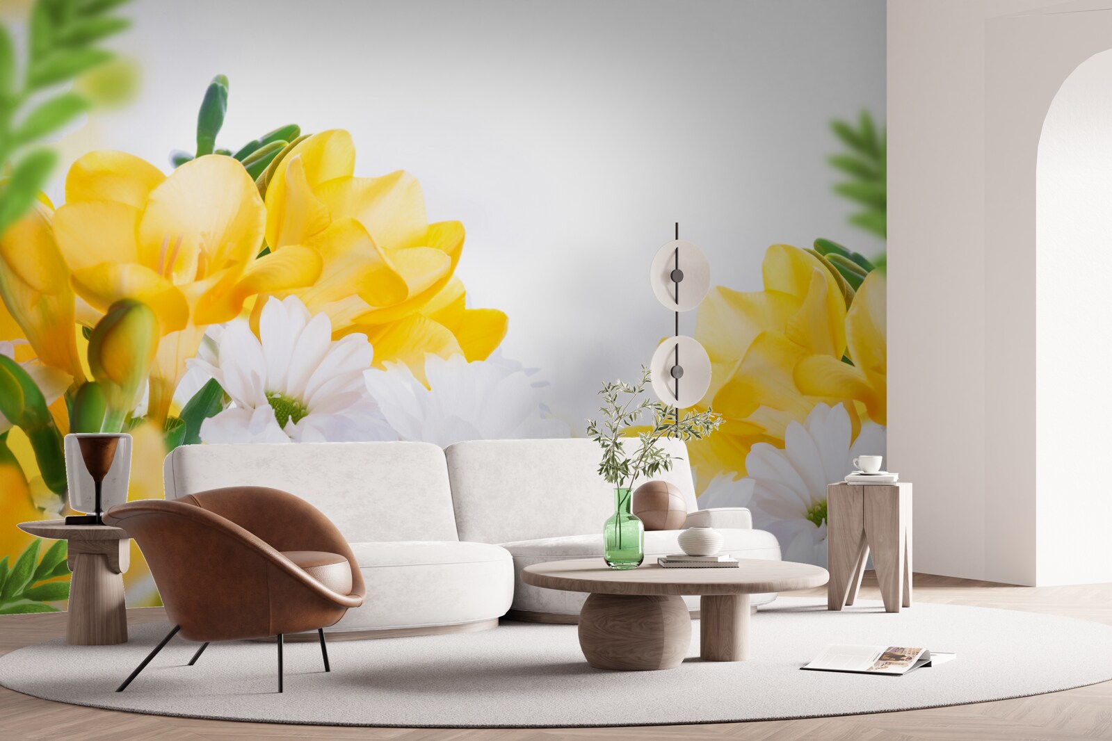 Fotobehang witte margrieten en gele fresia