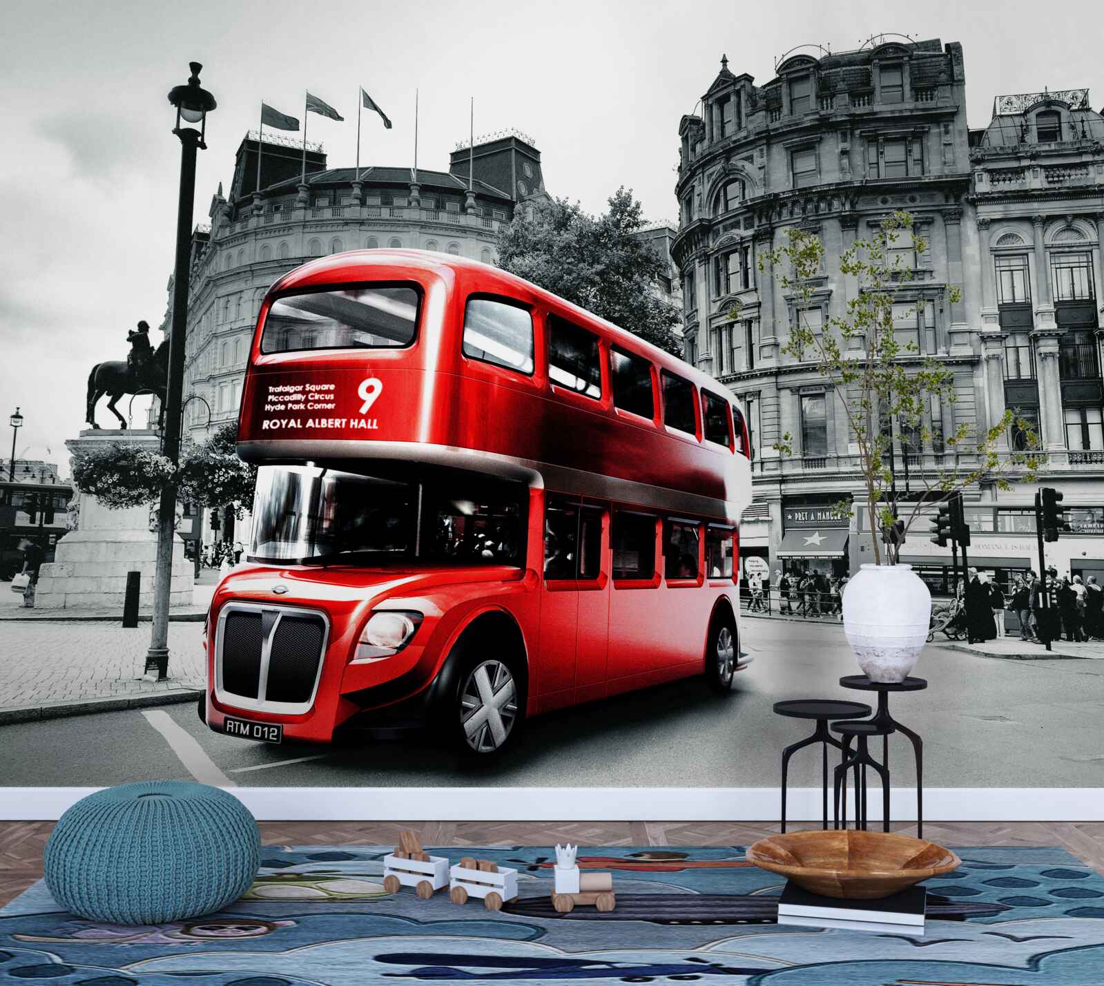 Fotobehang een bus uit londen in een stadsstraat