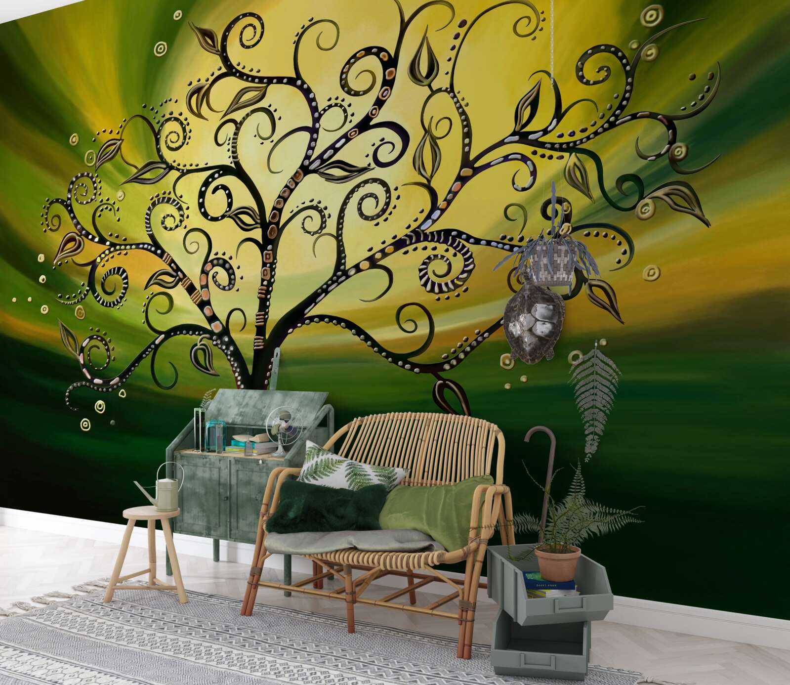 Fotobehang boom met patronen tegen een groene lucht bij zonsondergang