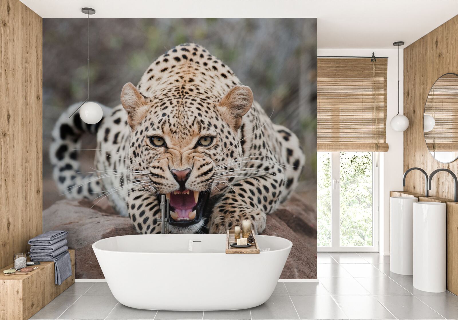 Fotobehang opgewonden luipaard maakt zich klaar om te springen