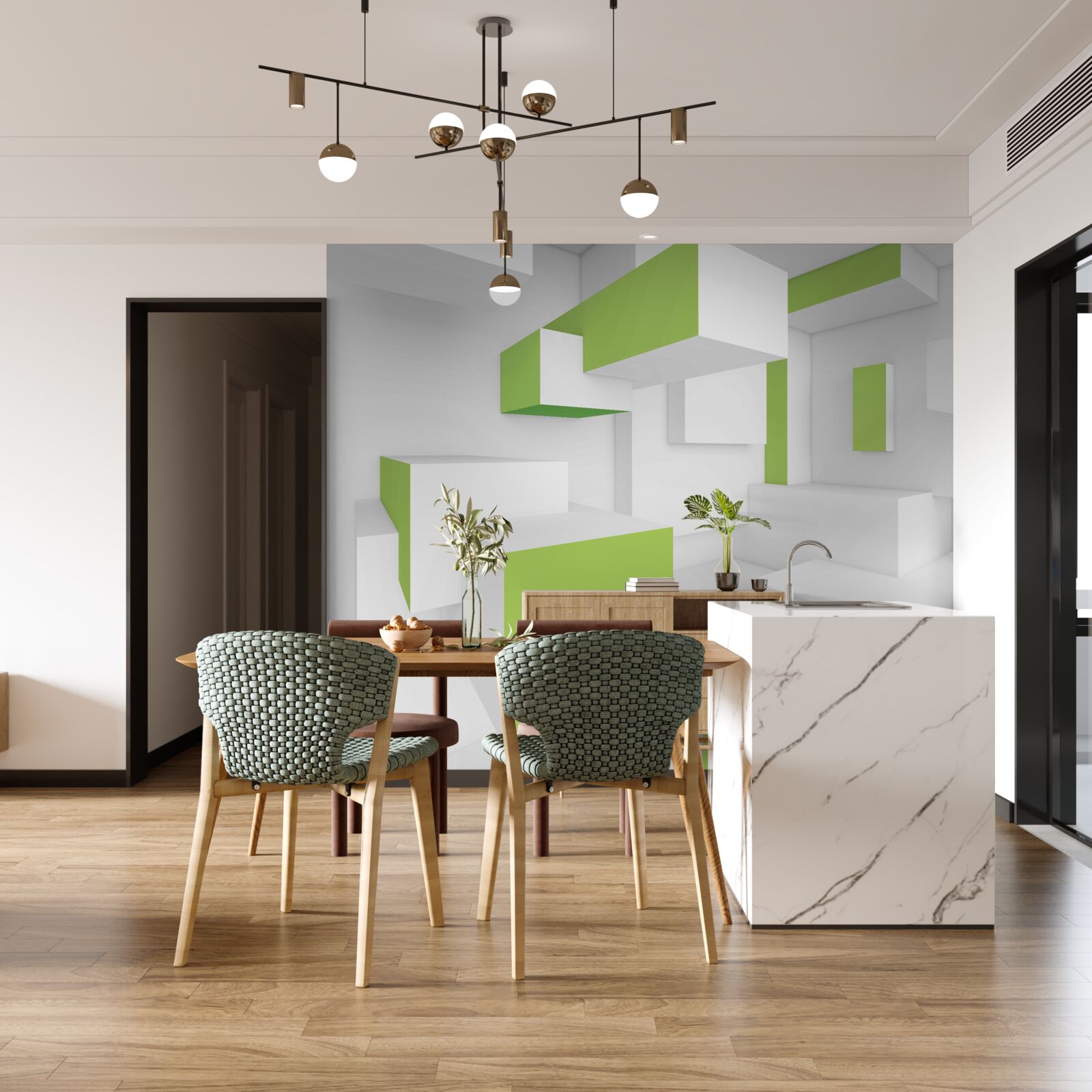Fotobehang rechthoekige structuren met lichtgroene bekleding