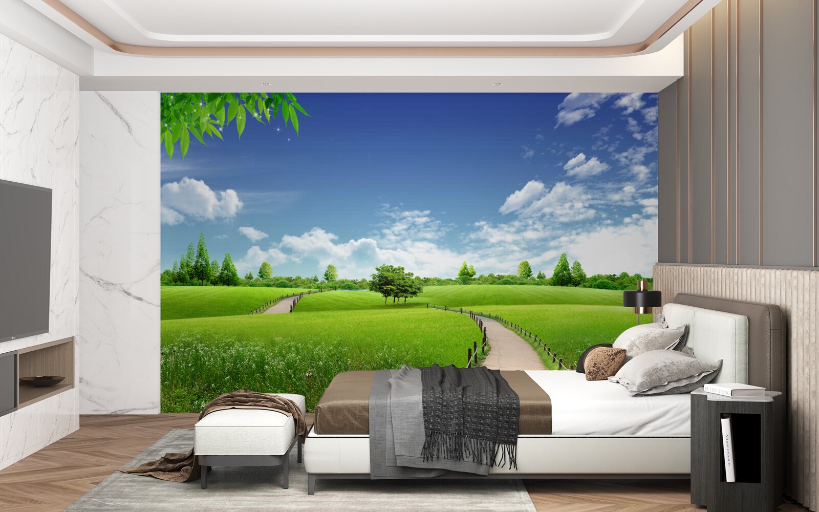 Fotobehang Pad tussen groene ruimten