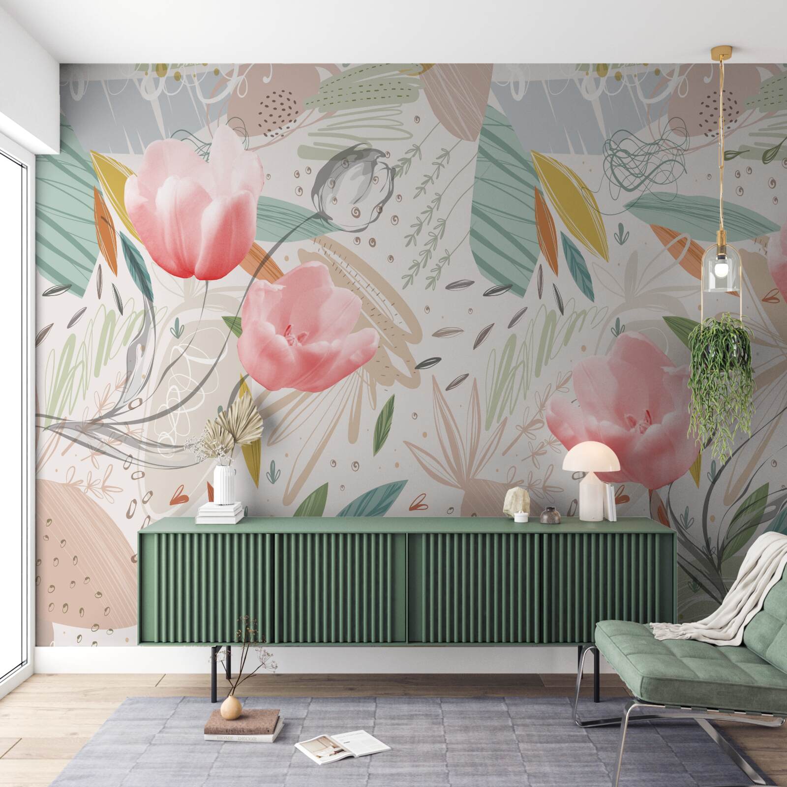 Fotobehang abstracte stijl achtergrond met roze tulpen
