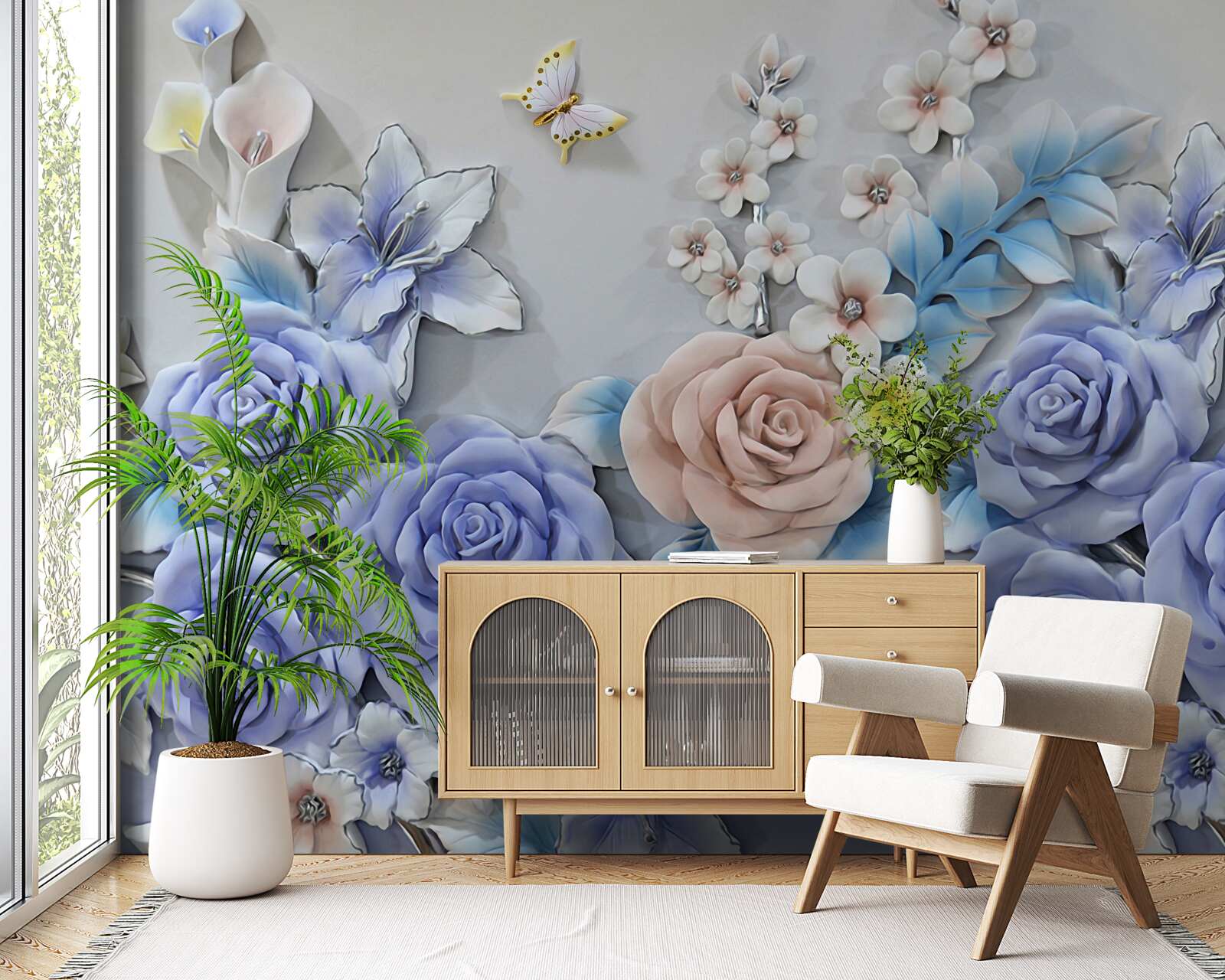 Fotobehang lelies en rozen worden de vliegroute van vlinders