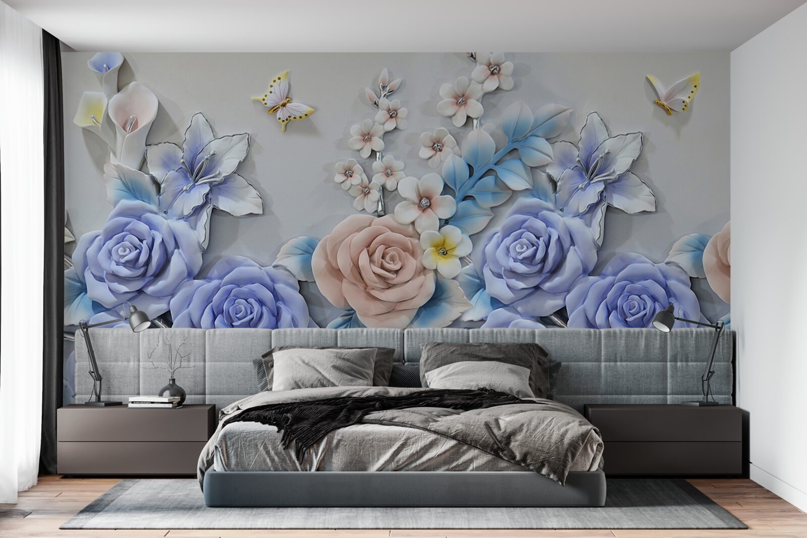 Fotobehang lelies en rozen worden de vliegroute van vlinders
