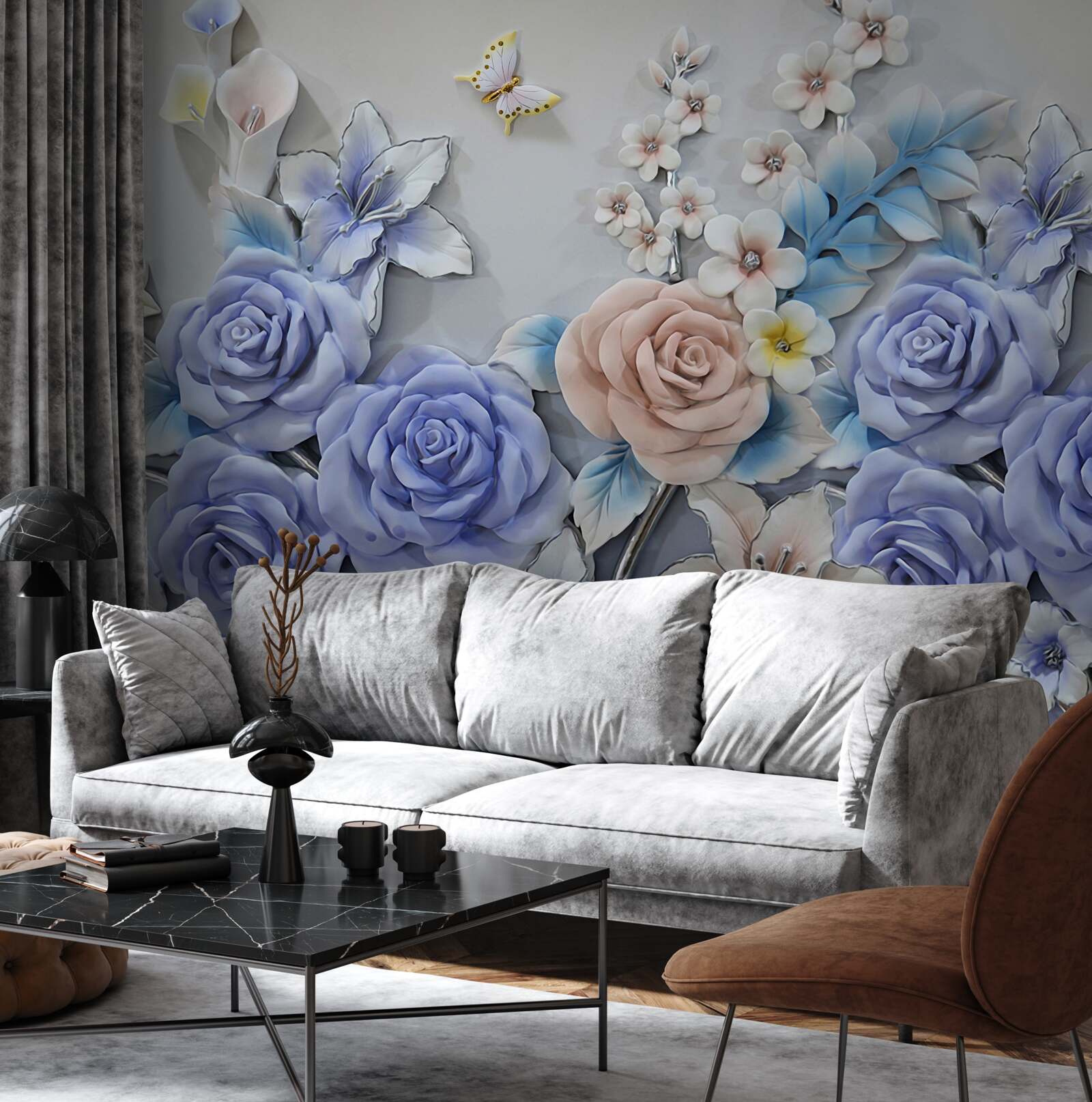 Fotobehang lelies en rozen worden de vliegroute van vlinders