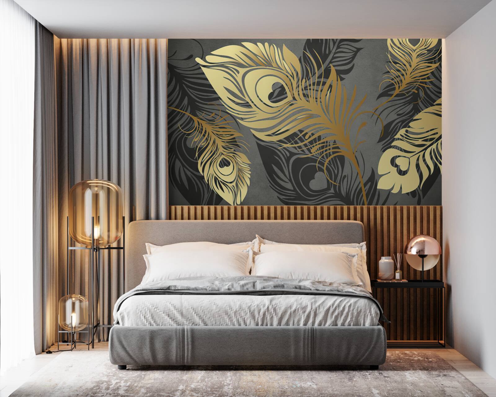 Fotobehang veren met gouden opengewerkte decoratie