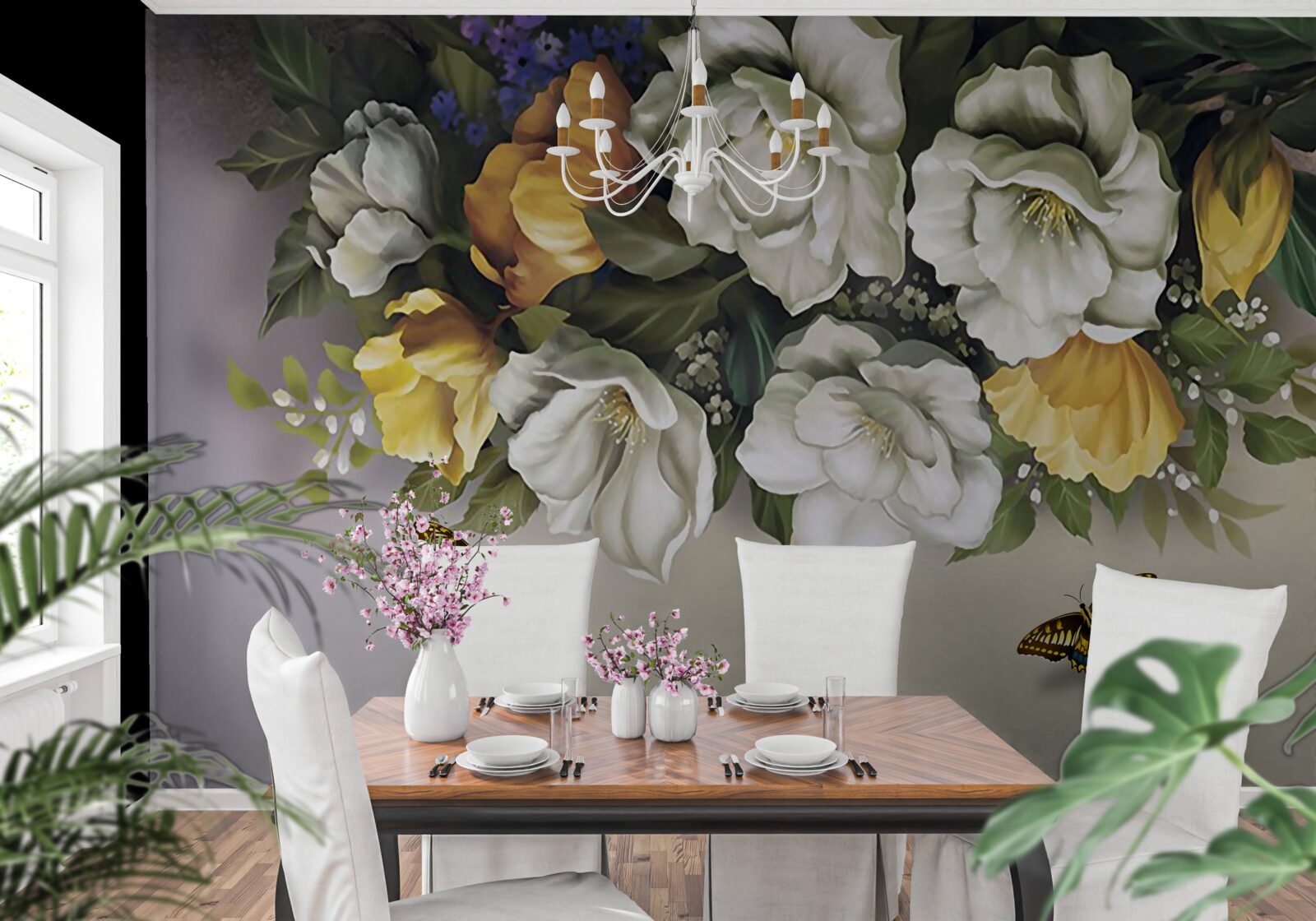 Fotobehang twee lepidopterans in witte en gele tulpen