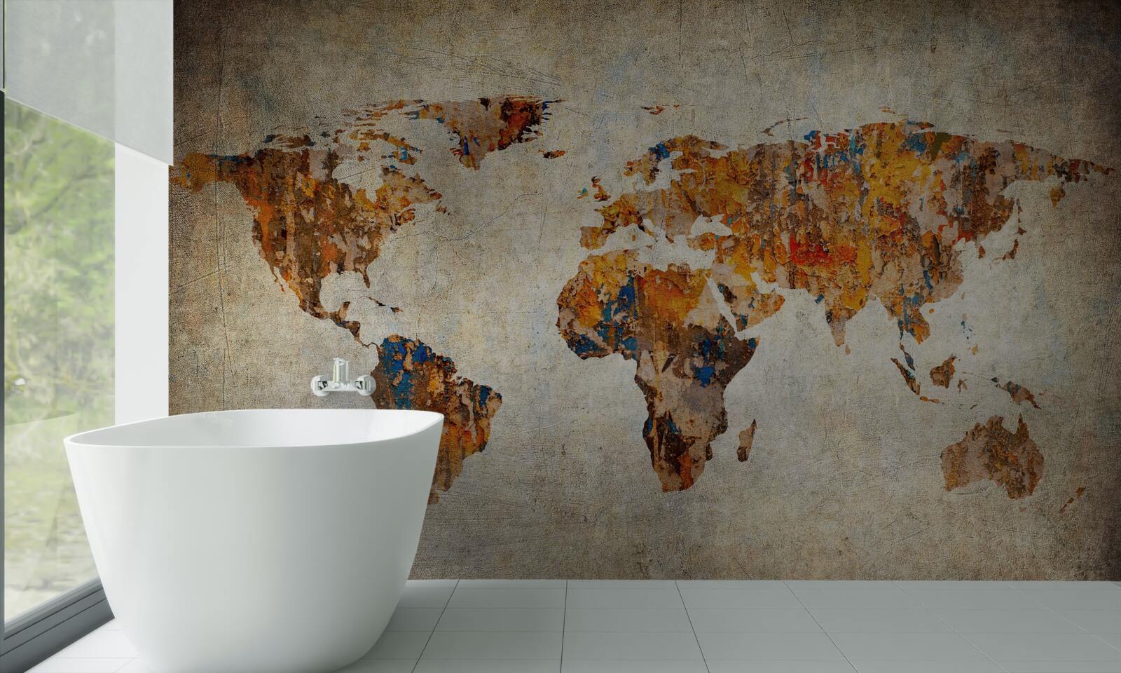 Fotobehang een doek waarop de wereld in grungestijl is afgebeeld