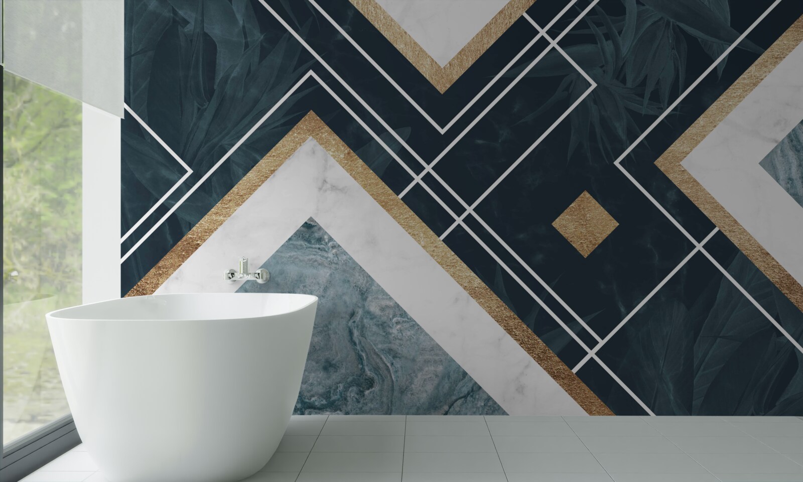 Fotobehang blauw mozaïek met witte elementen