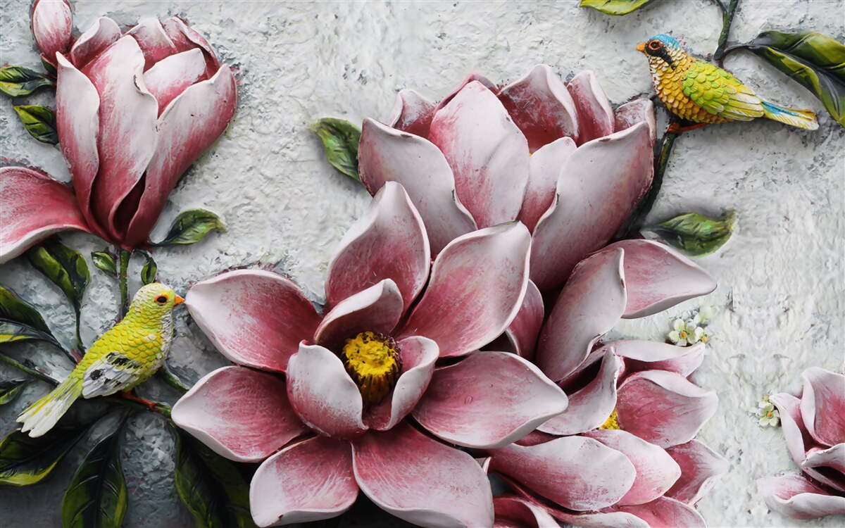 Fotobehang de lotus is rood en wit en de vogels zijn felgeel