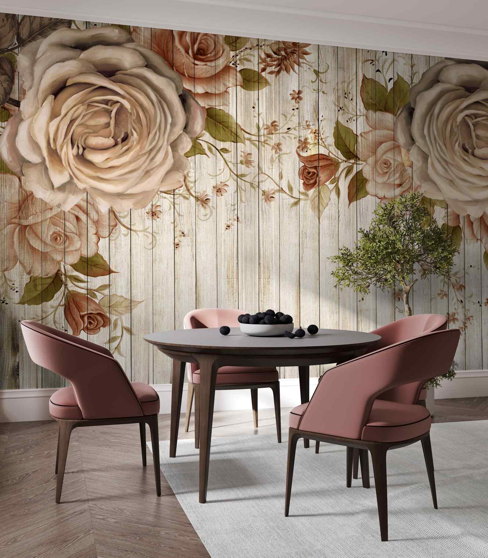Fotobehang Verse rozen in delicate crèmetinten op een lichte parketvloer