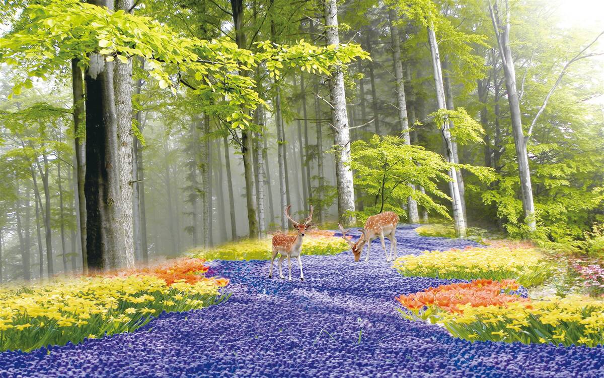 Fotobehang herten lopen door een groen bos