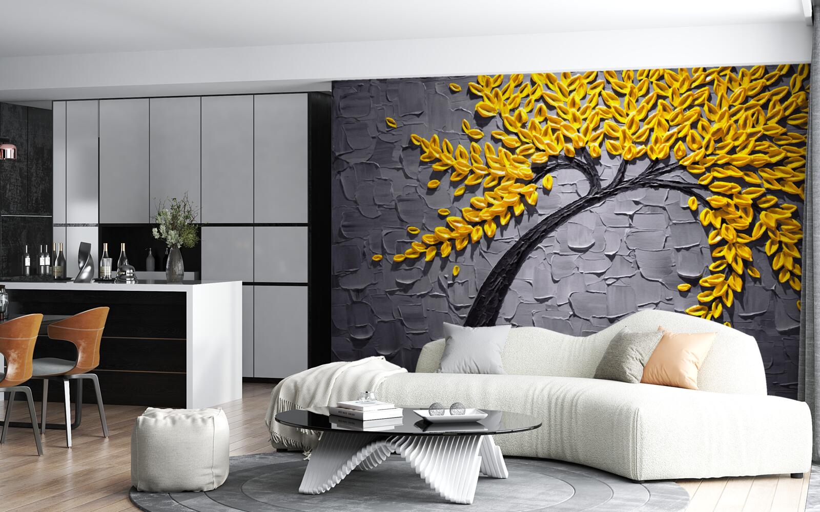 Fotobehang herfstbladeren glinsteren in heldergele tinten