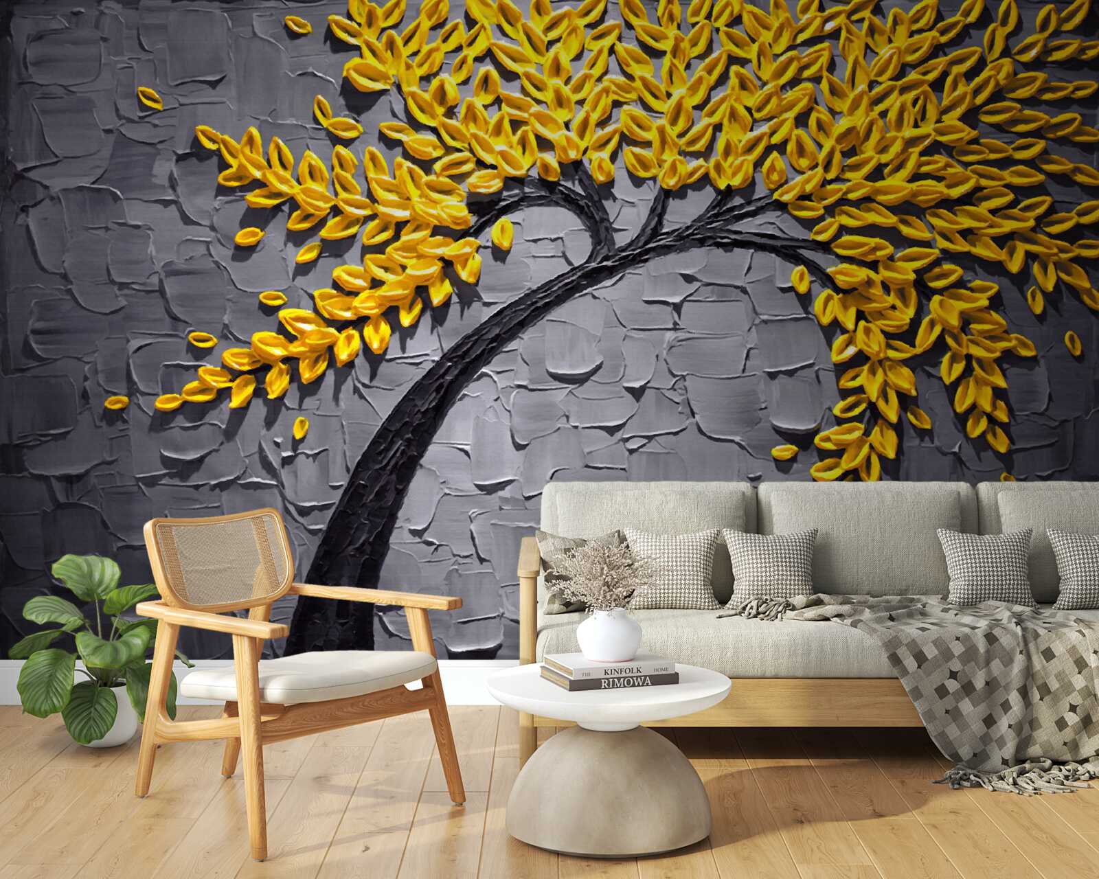 Fotobehang herfstbladeren glinsteren in heldergele tinten