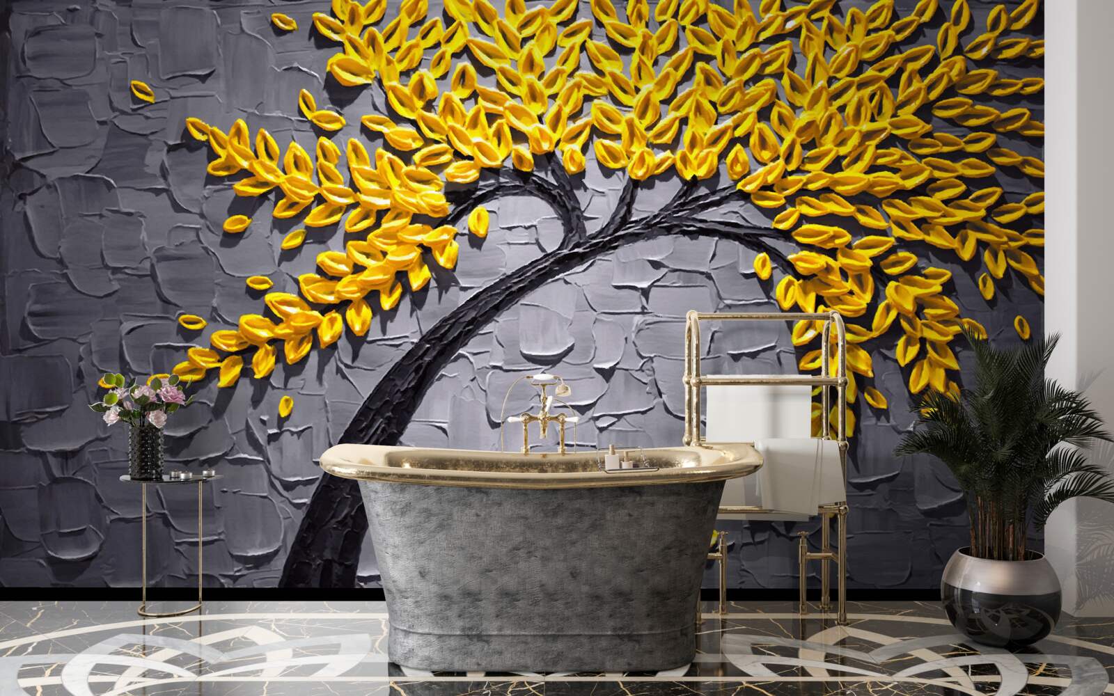 Fotobehang herfstbladeren glinsteren in heldergele tinten