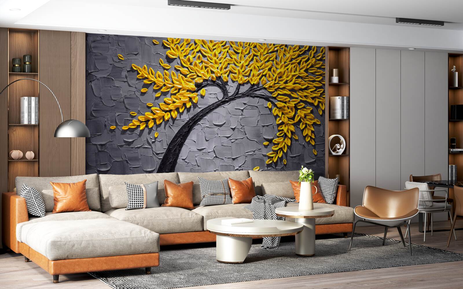 Fotobehang herfstbladeren glinsteren in heldergele tinten