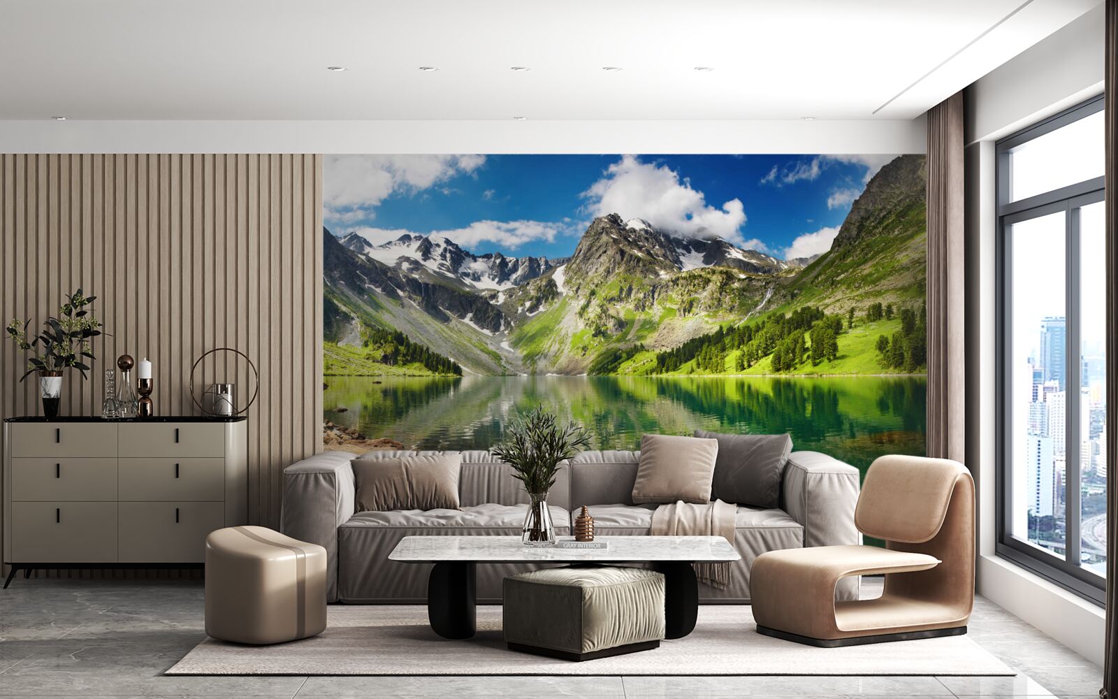 Fotobehang kalm water van een meer in de bergen op een zomerse dag