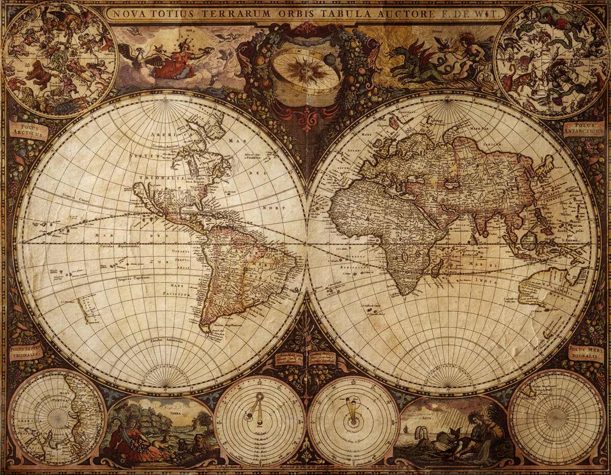 Fotobehang oude geografische kaart afgebeeld als twee halfronden