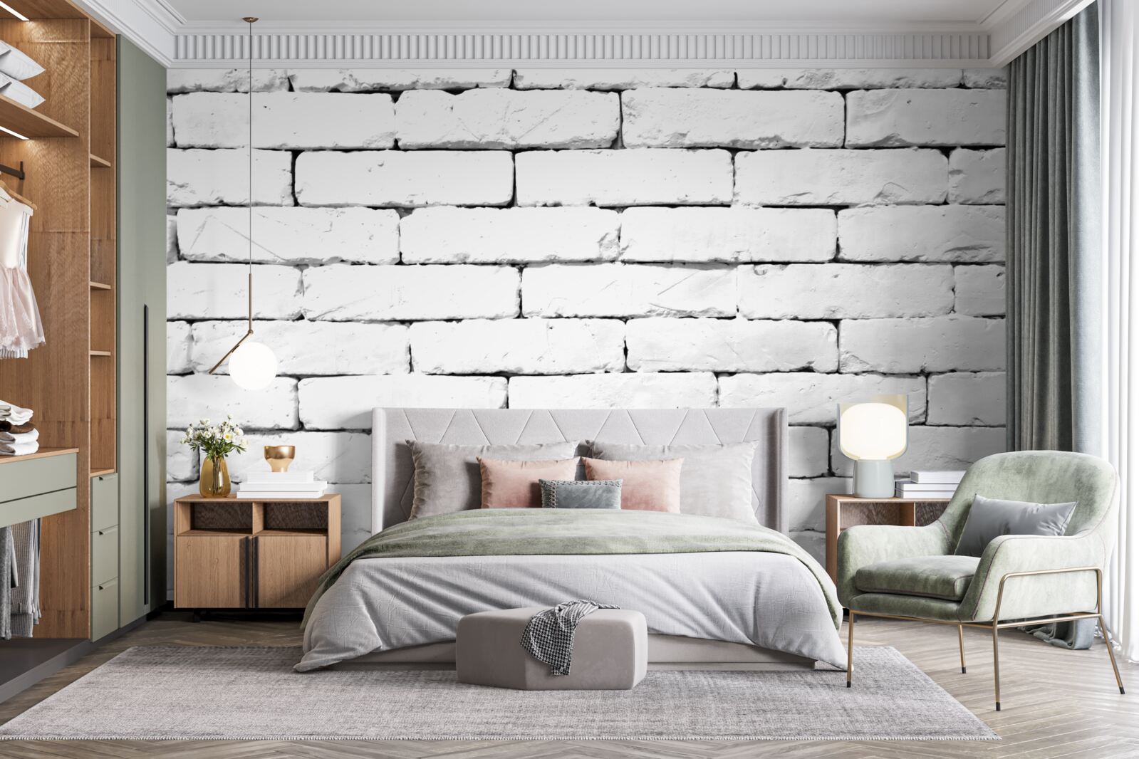 Fotobehang Bakstenen muur, zorgvuldig bewerkt in wit