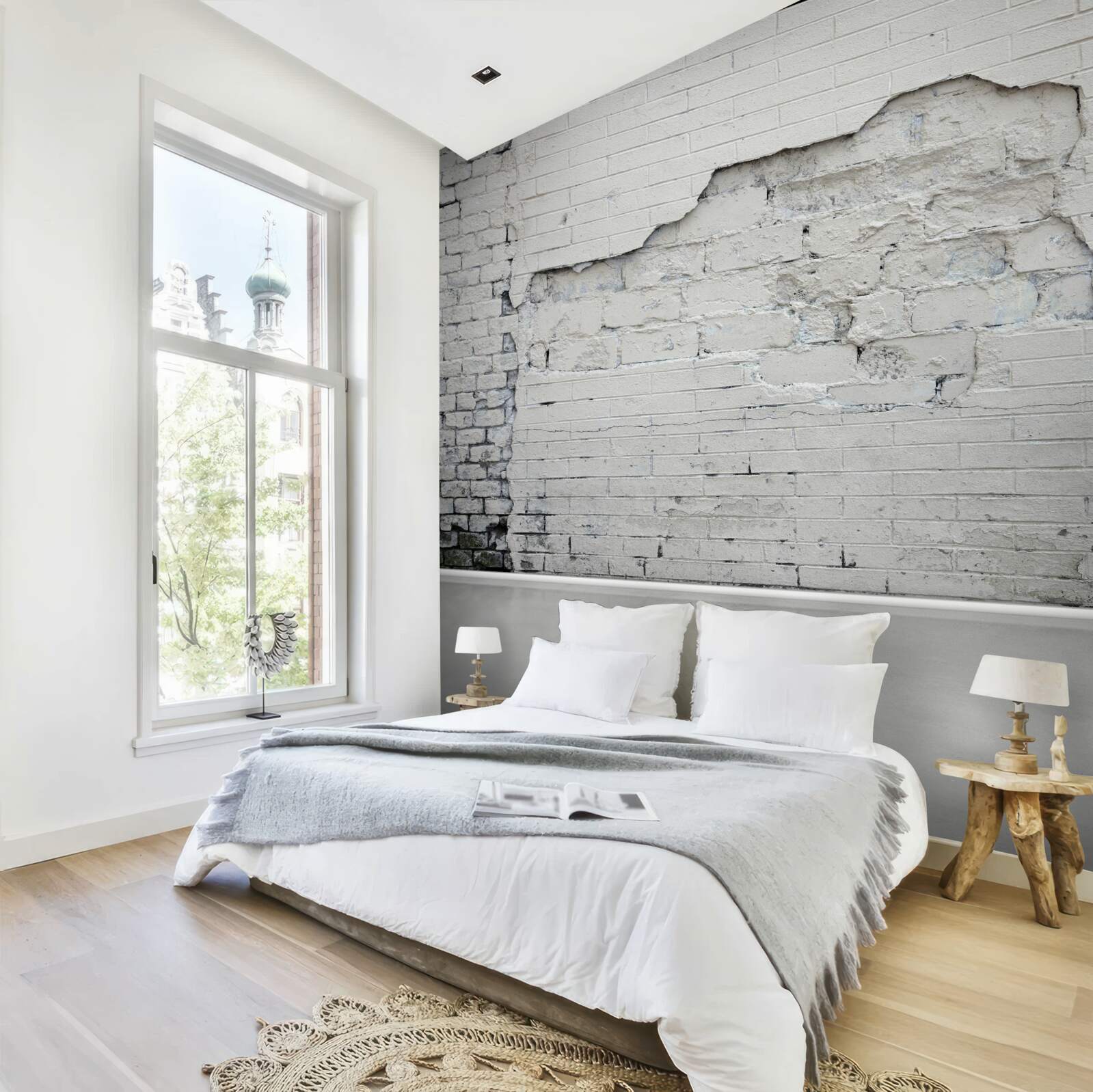 Fotobehang antieke sneeuwwitte bakstenen muur