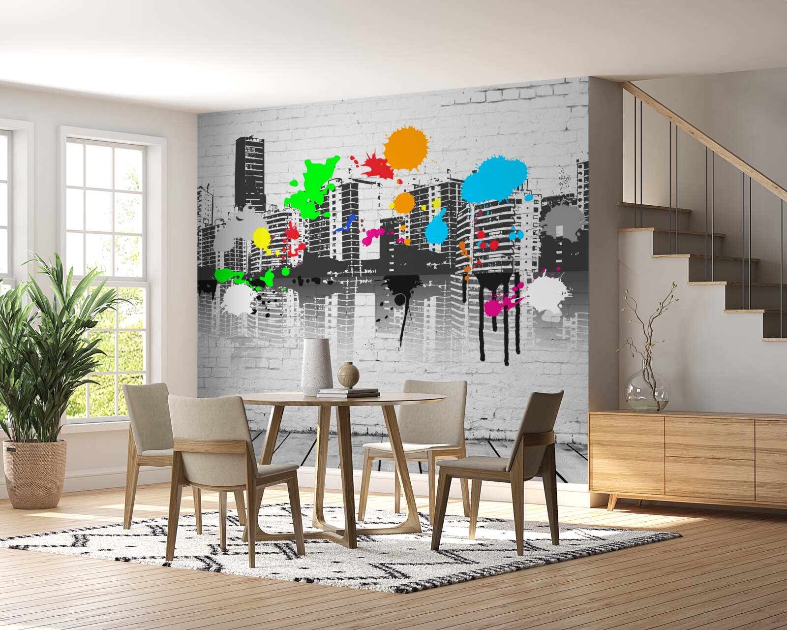 Fotobehang huizen versierd met heldere graffitivlekken
