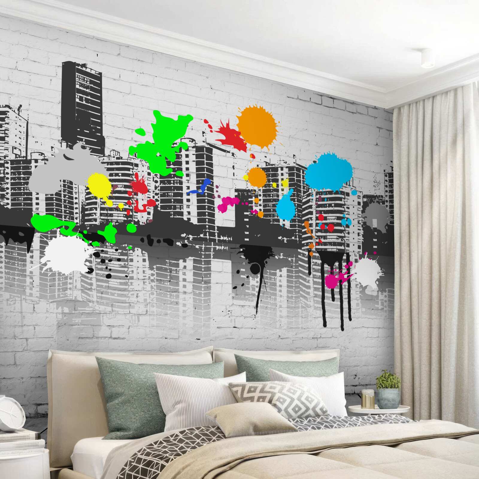 Fotobehang huizen versierd met heldere graffitivlekken