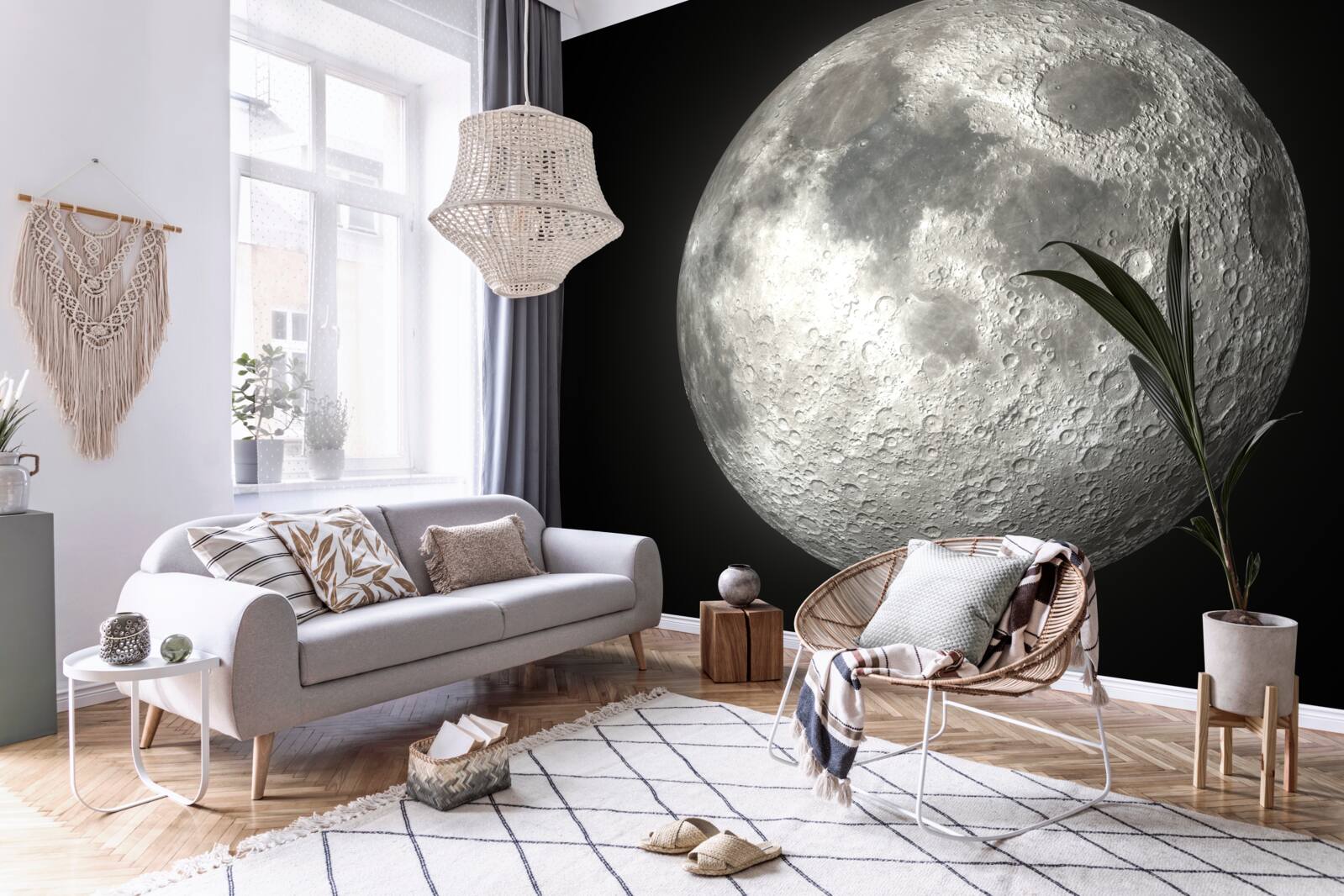 Fotobehang de zwarte achtergrond is versierd met een weergaloze volle maan