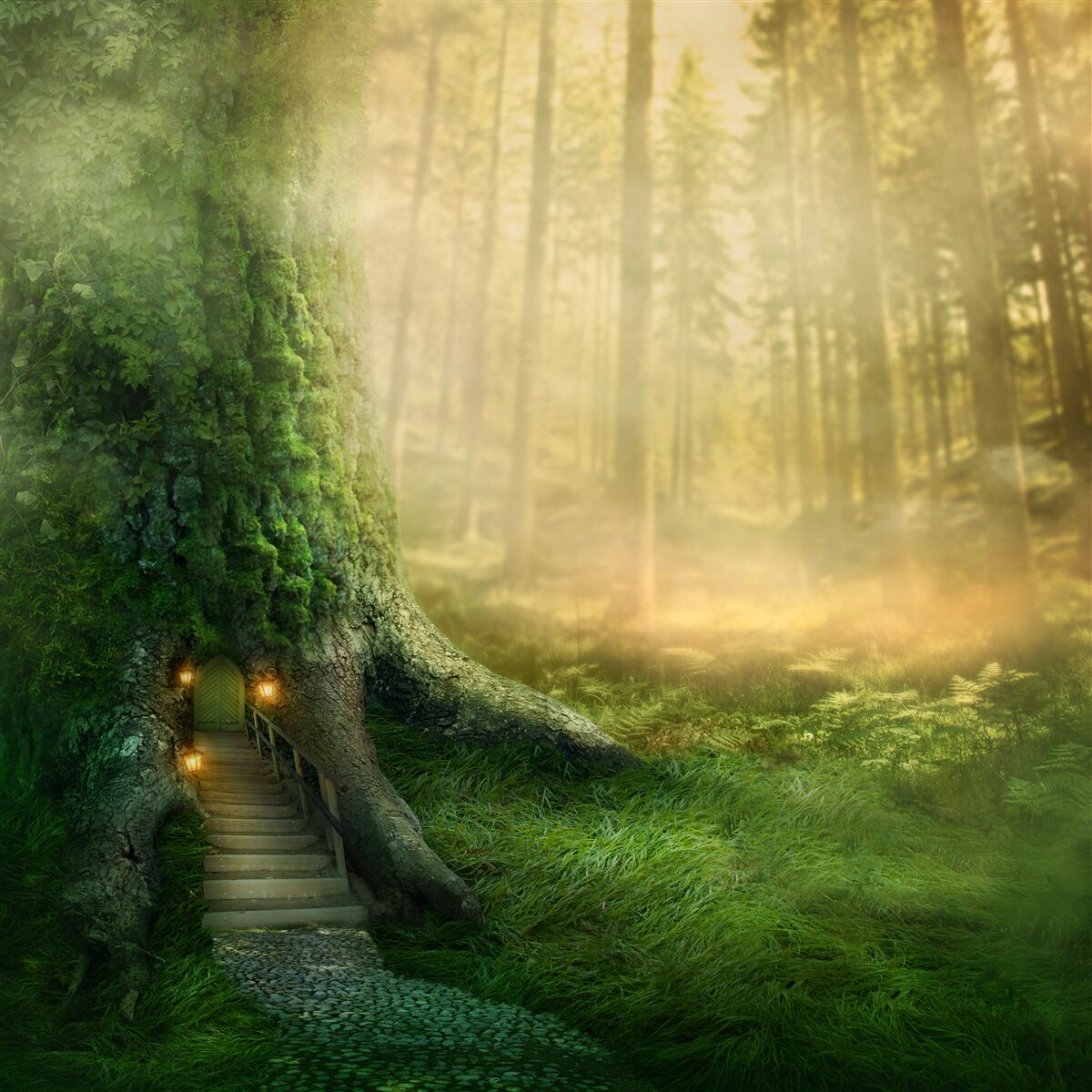 Fotobehang het groene bos is gehuld in dichte mist