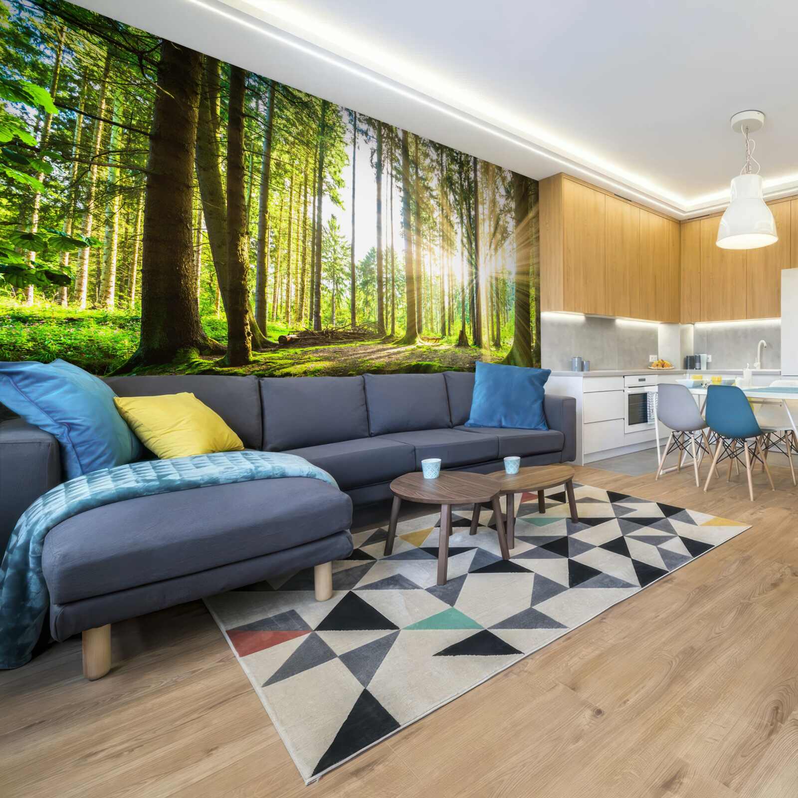 Fotobehang de zonnestralen dringen door tussen de hoge bomen