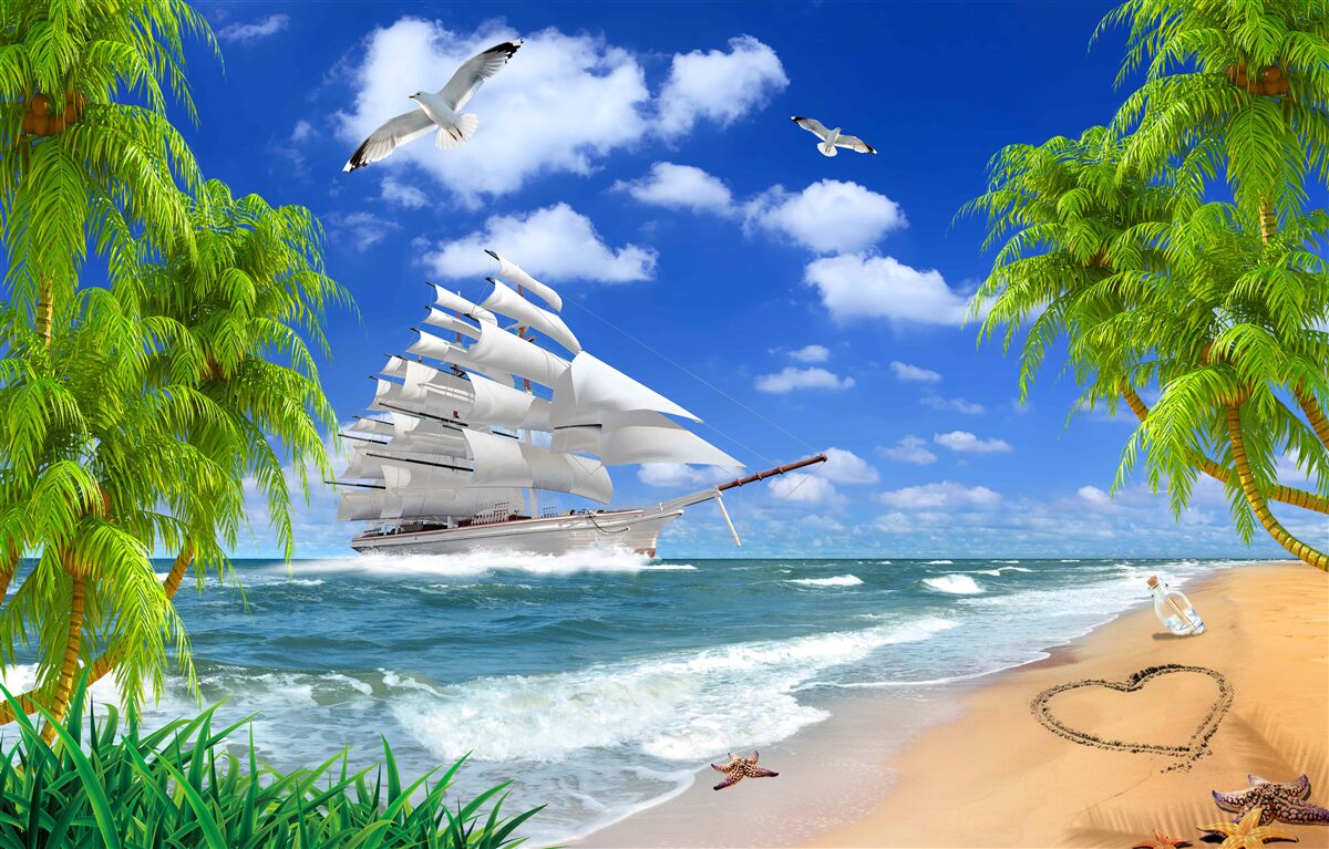 Fotobehang schip en tropische bomen