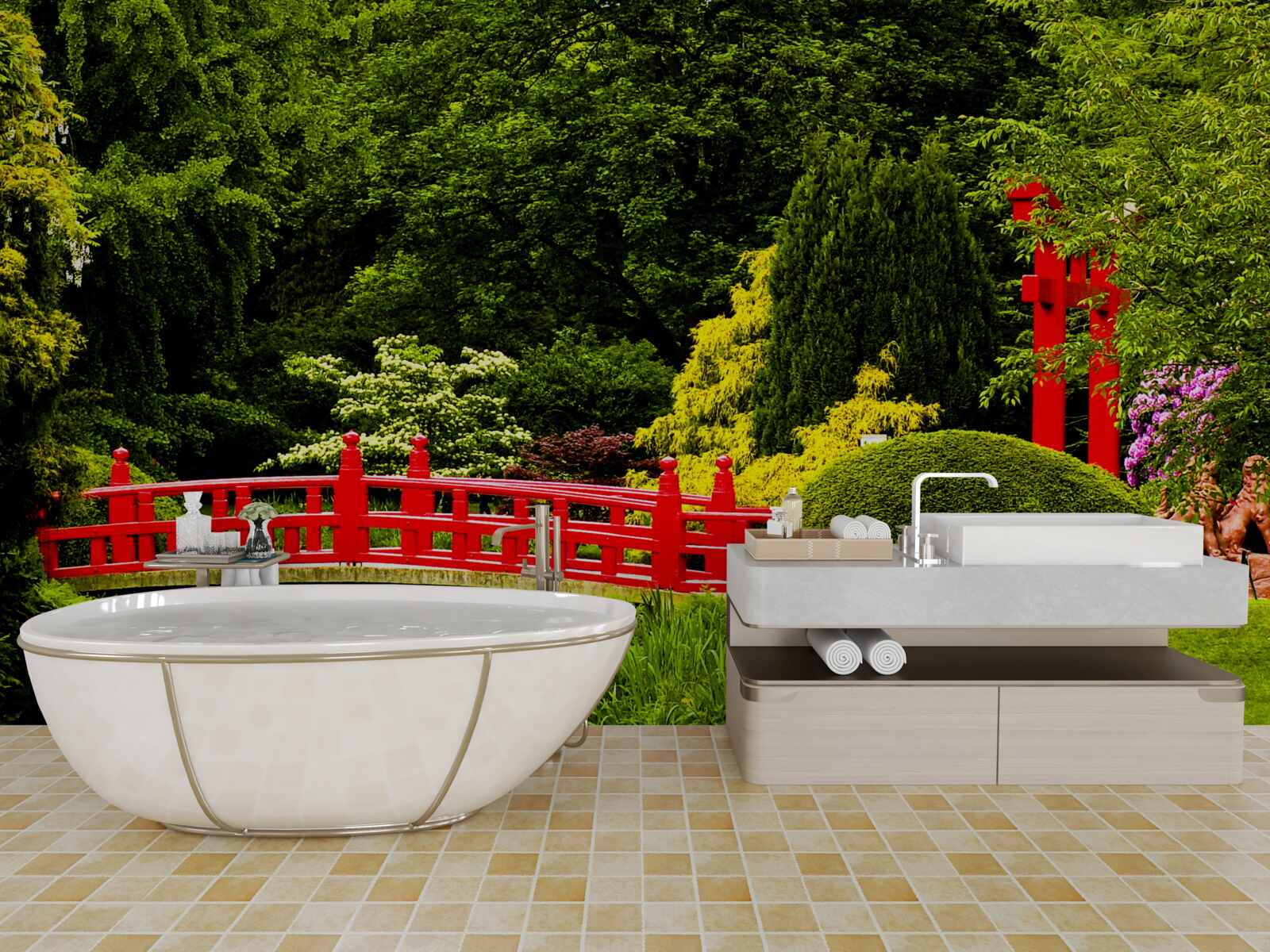 Fotobehang rode brug in de japanse tuin
