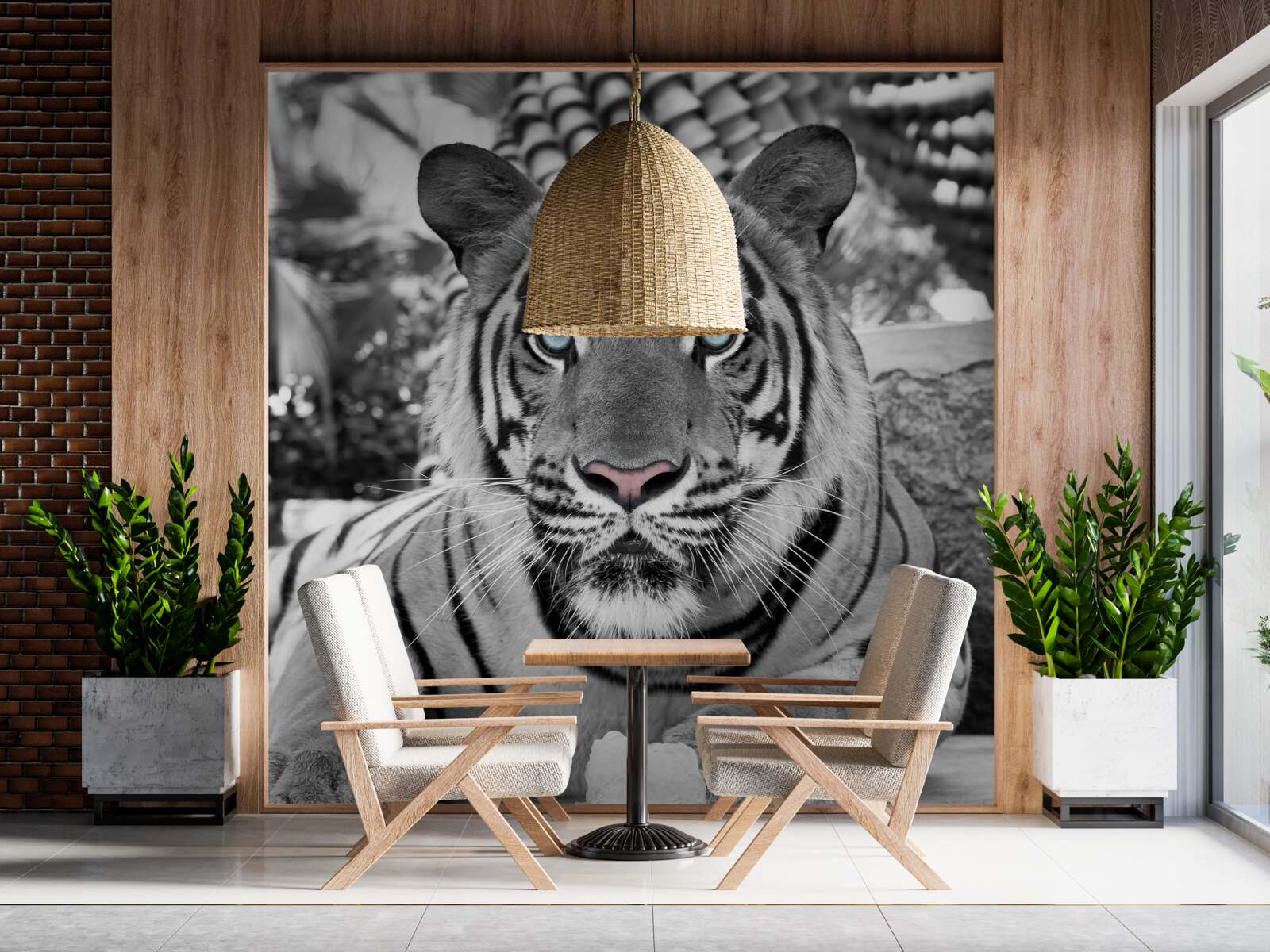 Fotobehang zwart-witte tijger met prachtige blauwe ogen