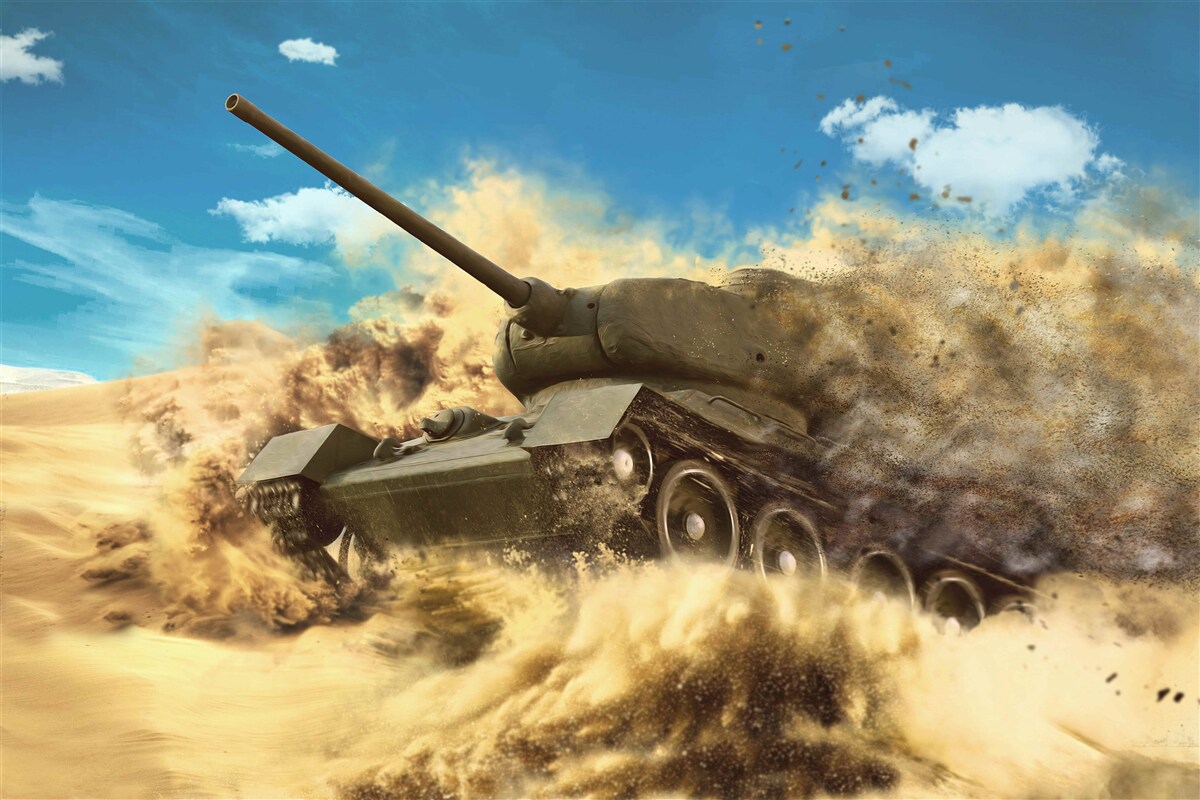 Fotobehang een tank beweegt op een zanderig oppervlak