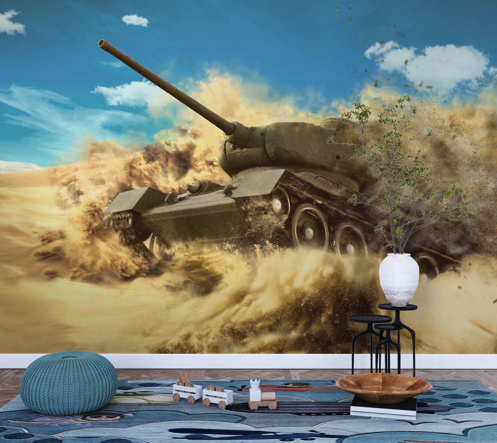 Fotobehang een tank beweegt op een zanderig oppervlak
