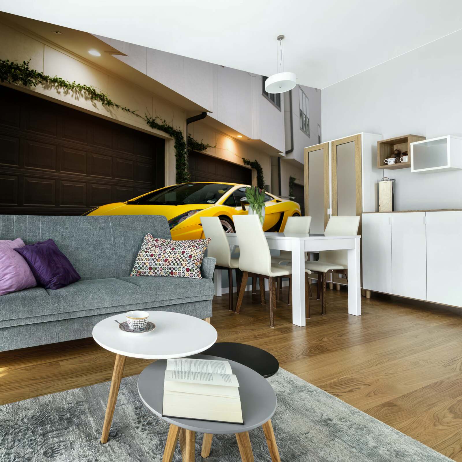 Fotobehang stijlvolle gele auto bij het huis