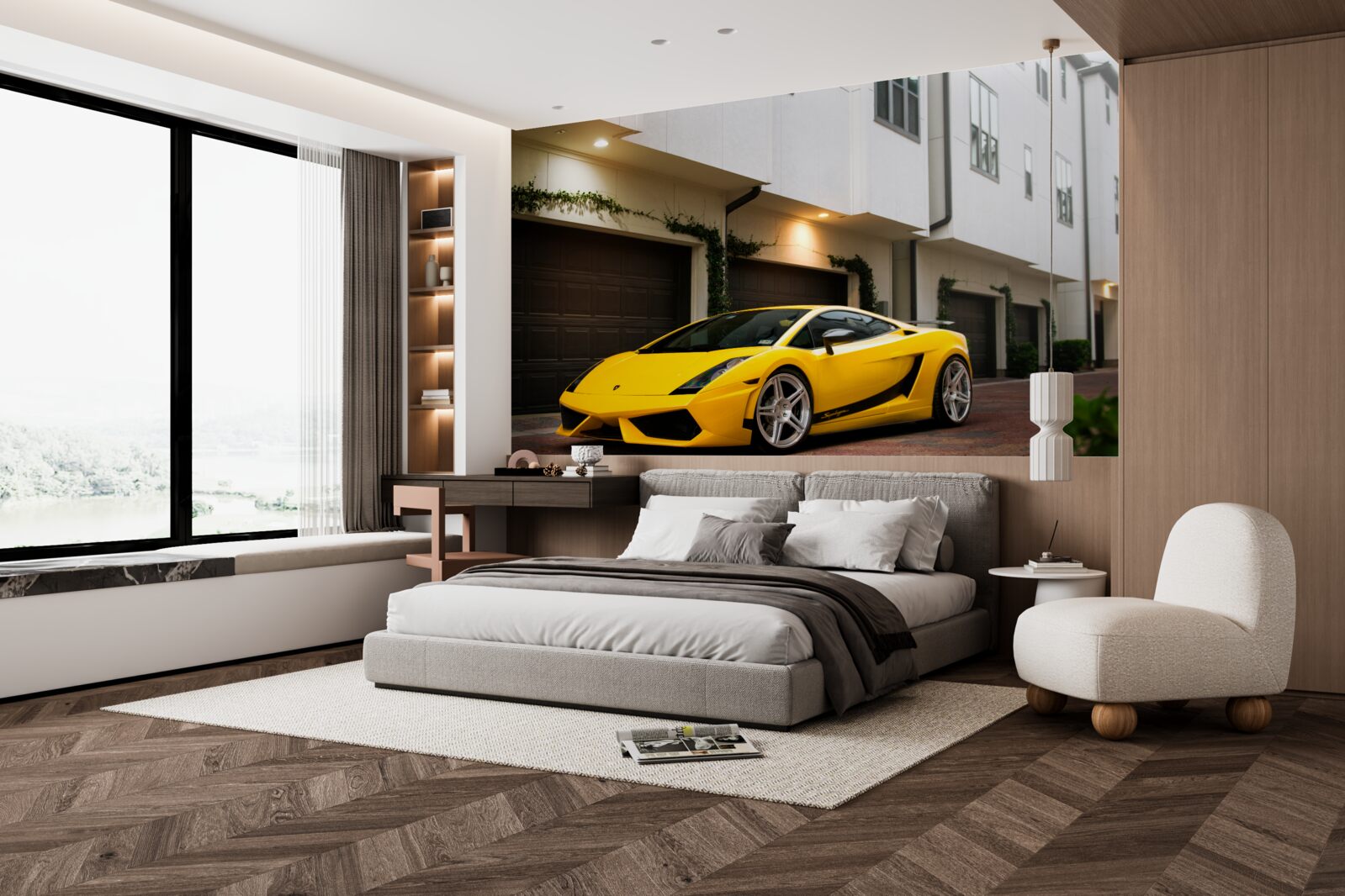 Fotobehang stijlvolle gele auto bij het huis