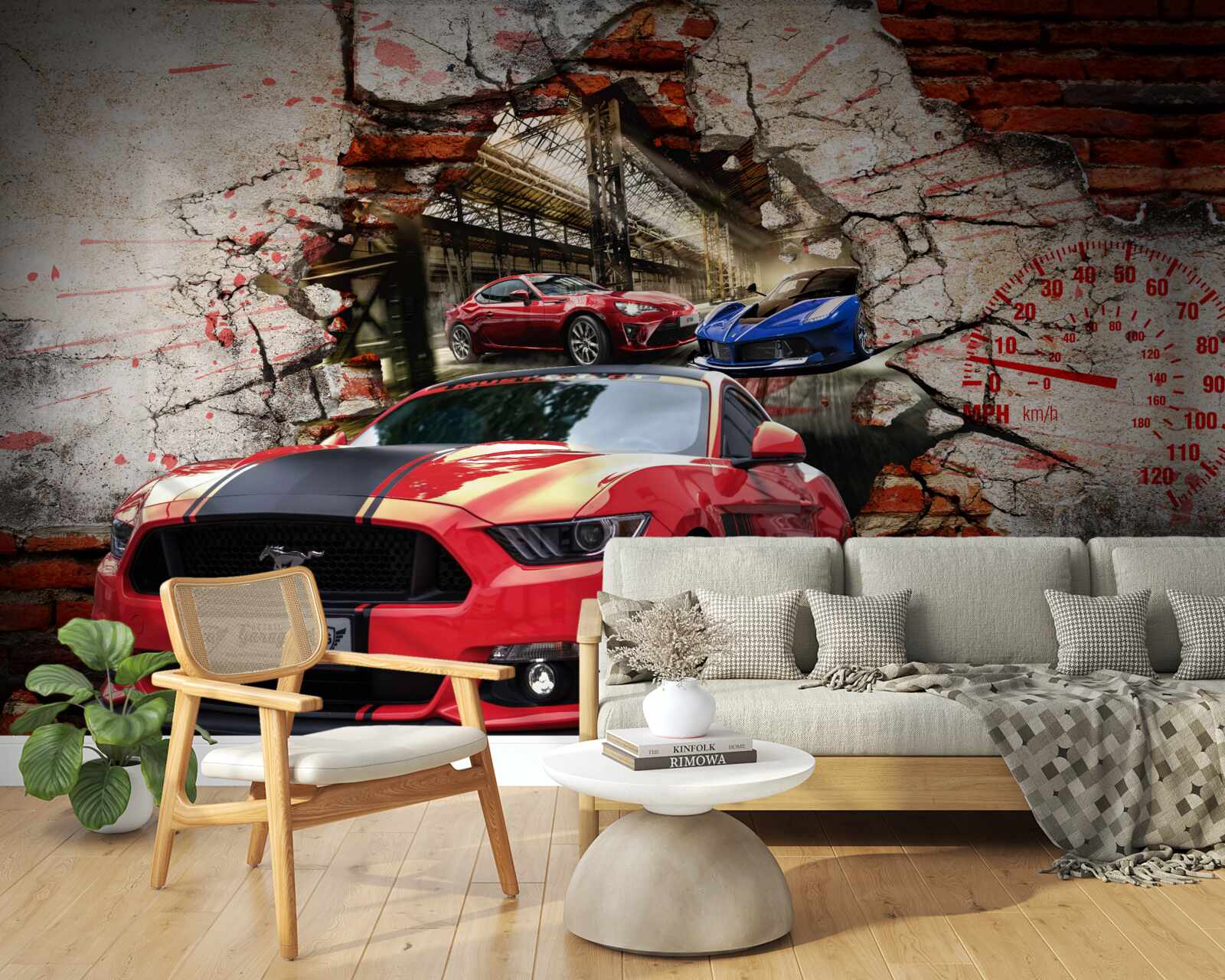 Fotobehang rode auto in de muur