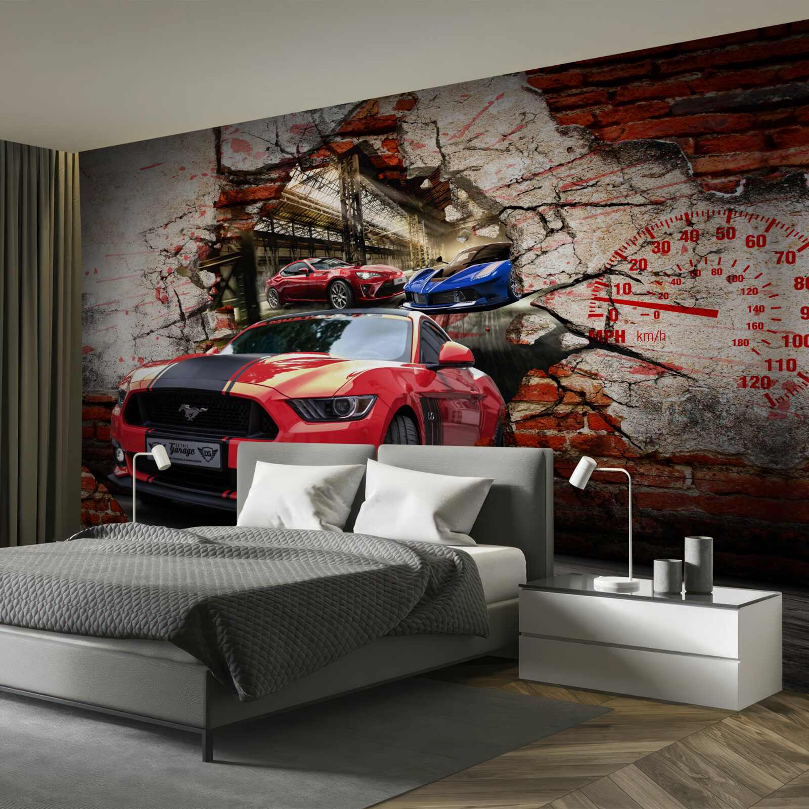 Fotobehang rode auto in de muur