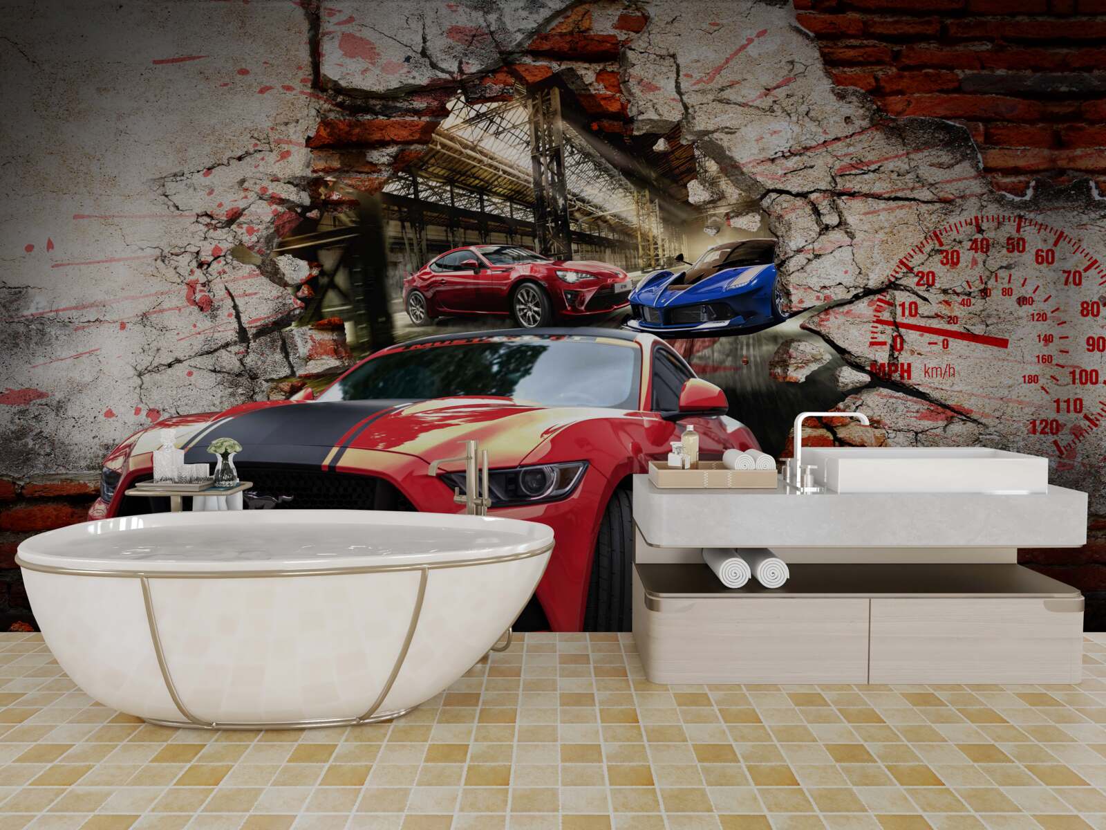 Fotobehang rode auto in de muur
