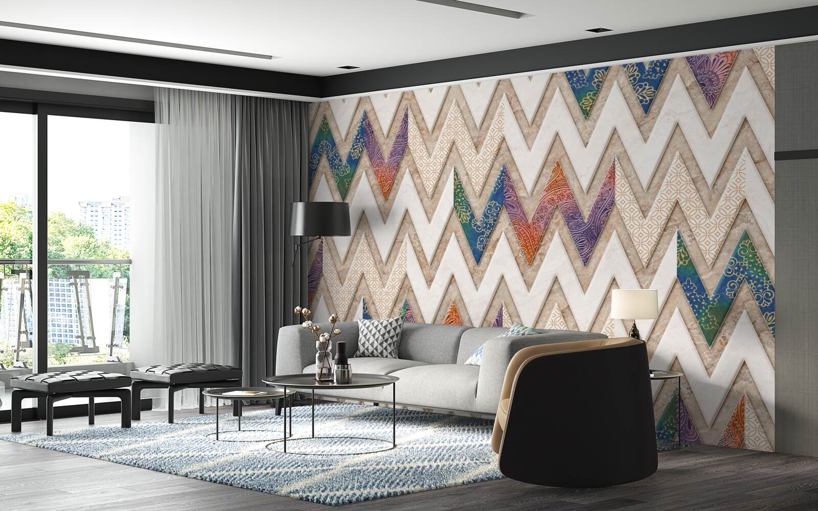 Fotobehang polychrome golvende lijnen
