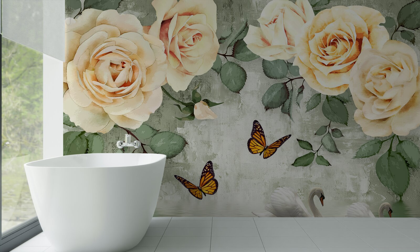 Fotobehang crèmekleurige rozen met vlinders in de buurt