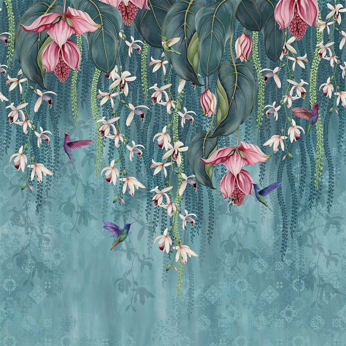 Fotobehang bloemen en groene takken die van bovenaf hangen en kolibries