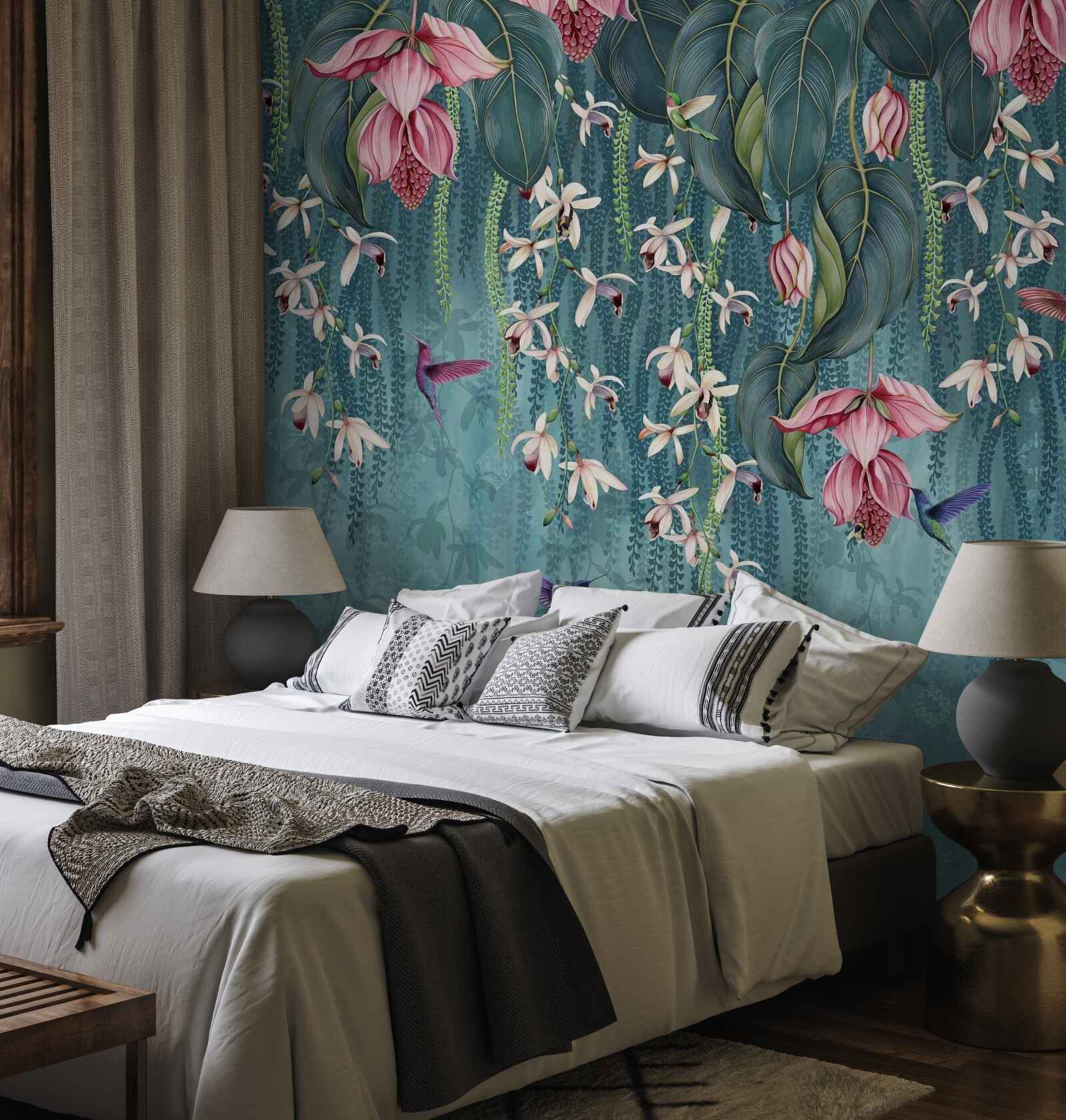 Fotobehang bloemen en groene takken die van bovenaf hangen en kolibries