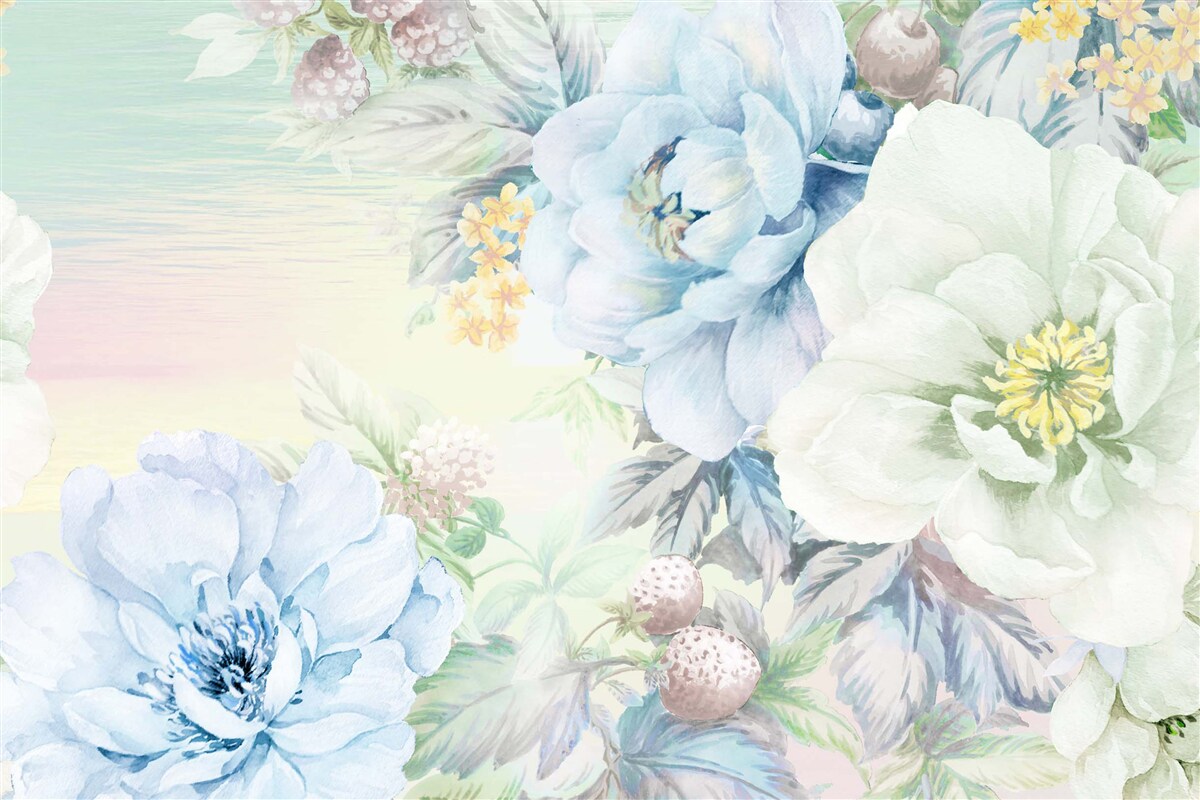 Fotobehang bloemen in witte en blauwe tinten