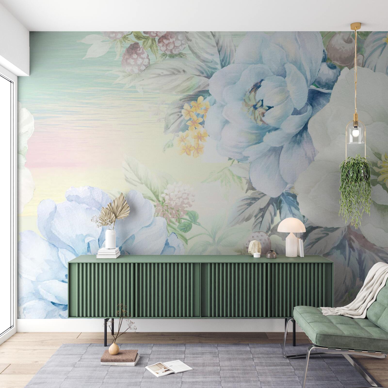 Fotobehang bloemen in witte en blauwe tinten